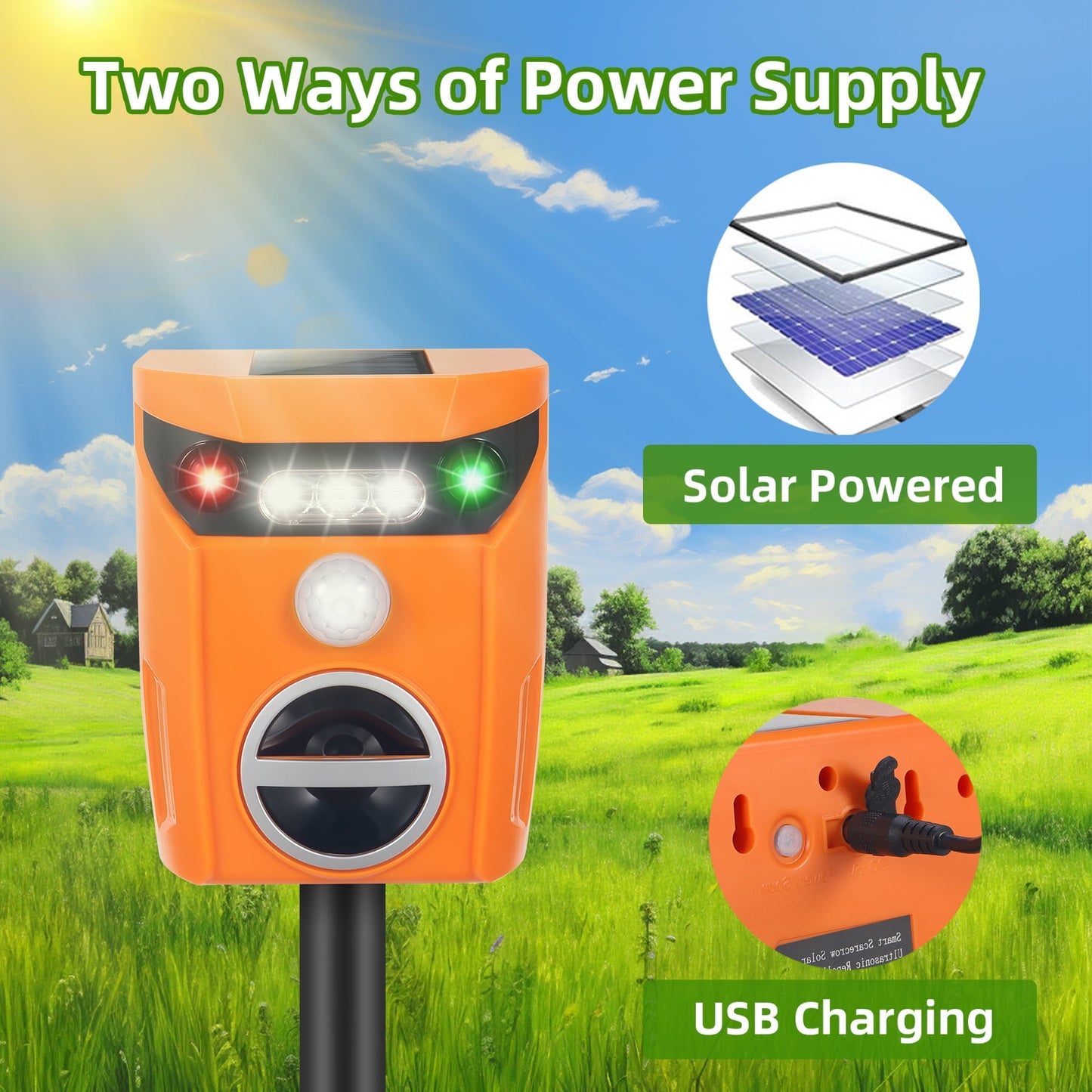 KingFurt Solar Ultrasonic Animal Repeller in Orange - Eco-friendly Pest Deterrent for Outdoor Spaces