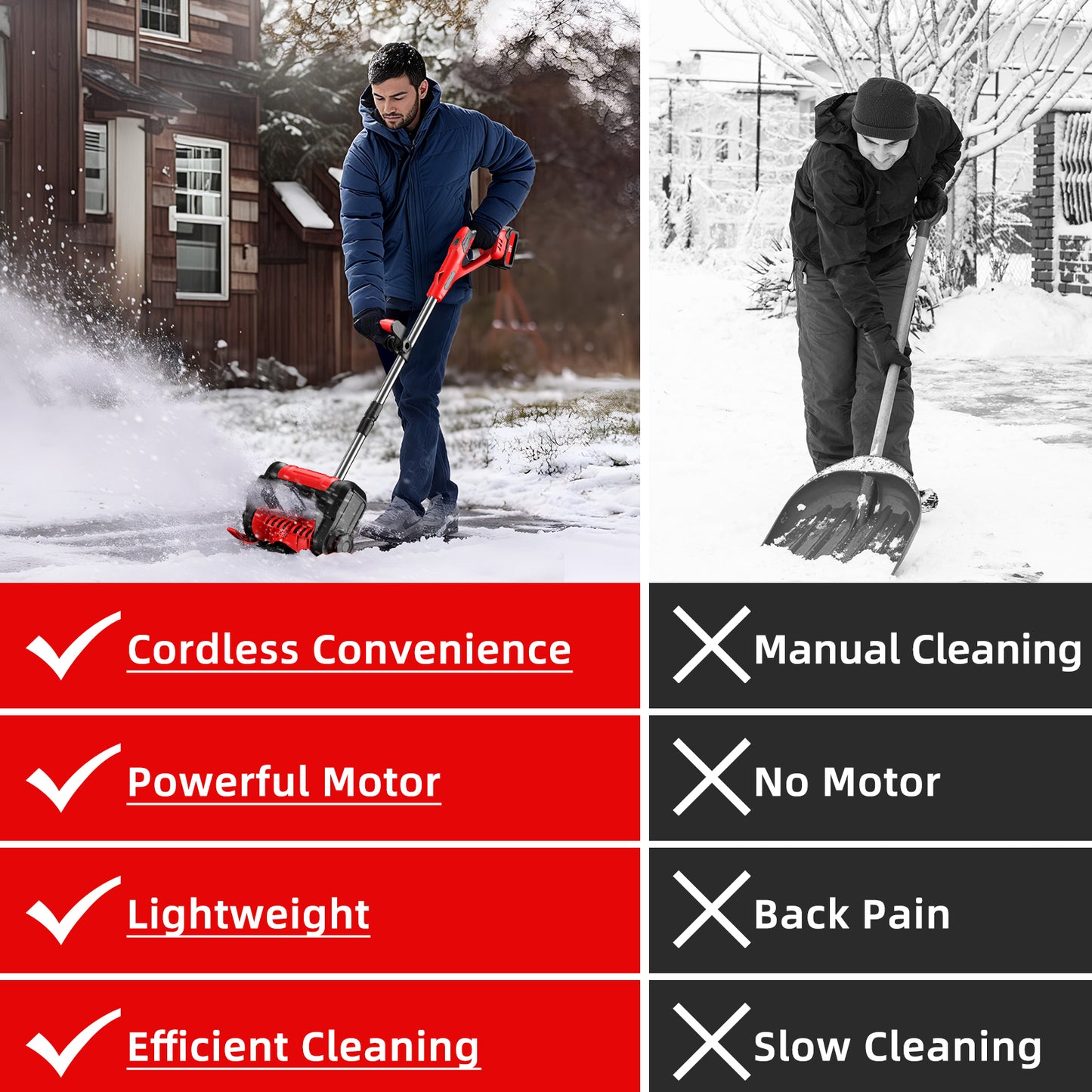 KingFurt 12in Cordless Snow Shovel Powerful Red Electric Snow Thrower with 21V Lithium Battery and Charger for Efficient Snow Removal