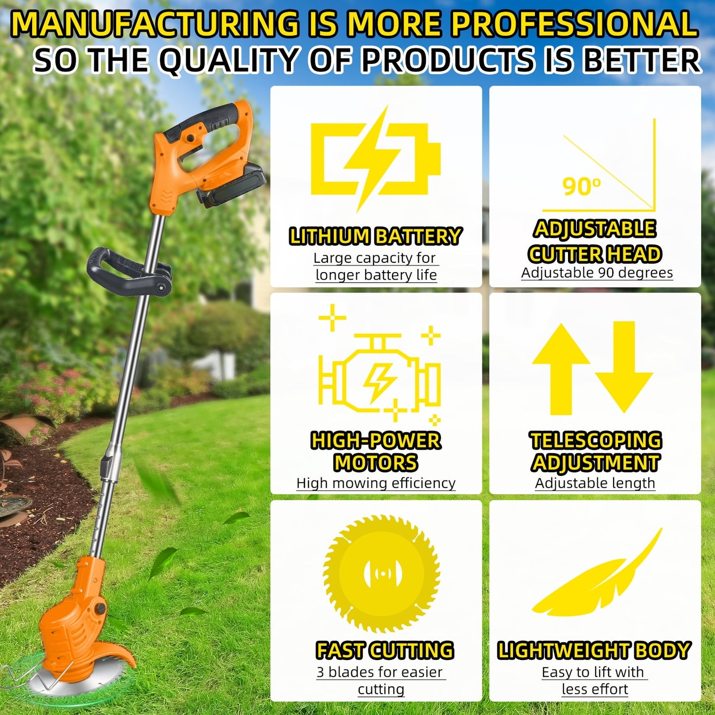 KingFurt Cordless Lawn Mower Kit Powerful DC Motor Safety Brush Cutter Blades Adjustable Handle