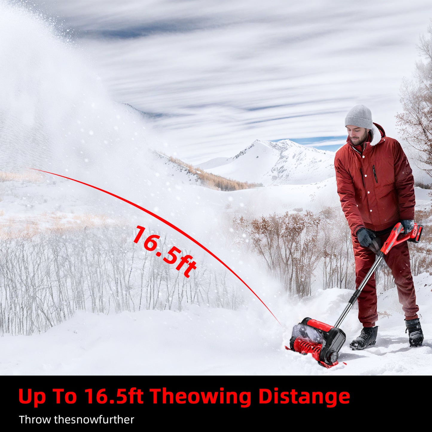 KingFurt 12in Cordless Snow Shovel Powerful Red Electric Snow Thrower with 21V Lithium Battery and Charger for Efficient Snow Removal