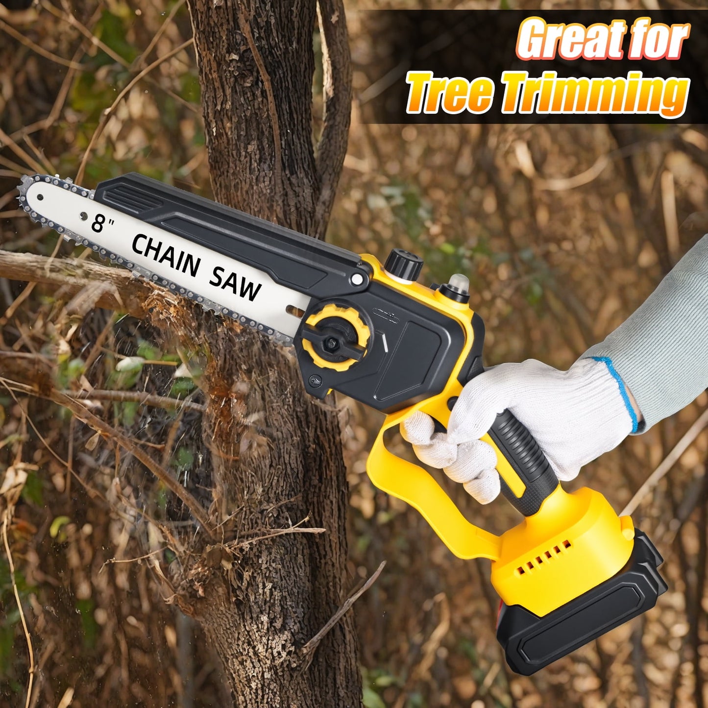 KingFurt 8 Inch Mini Chainsaw,21V Electric Cordless Chainsaw, Portable Handheld Pruning Saw with 2 Batteries and 2 Chains for Tree Trimming & Wood Cutting