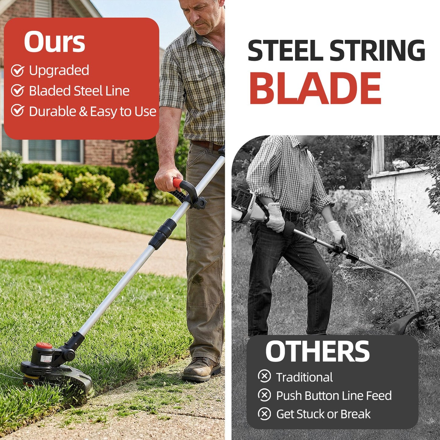 KingFurt 21V Cordless Electric Weed Wacker, 9-Inch Brushless String Trimmer with 2 Batteries & Blade Set, Adjustable Telescopic Pole Lawn Mower for Garden Edging
