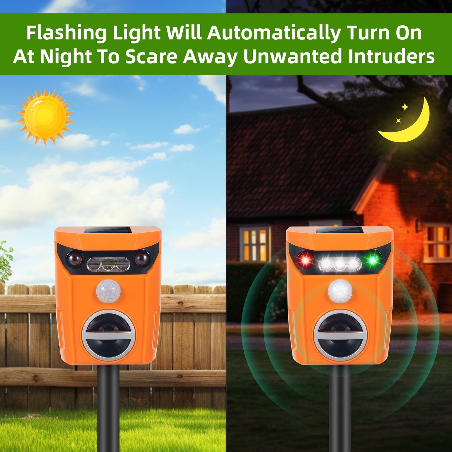 KingFurt Solar Ultrasonic Animal Repeller in Orange - Eco-friendly Pest Deterrent for Outdoor Spaces