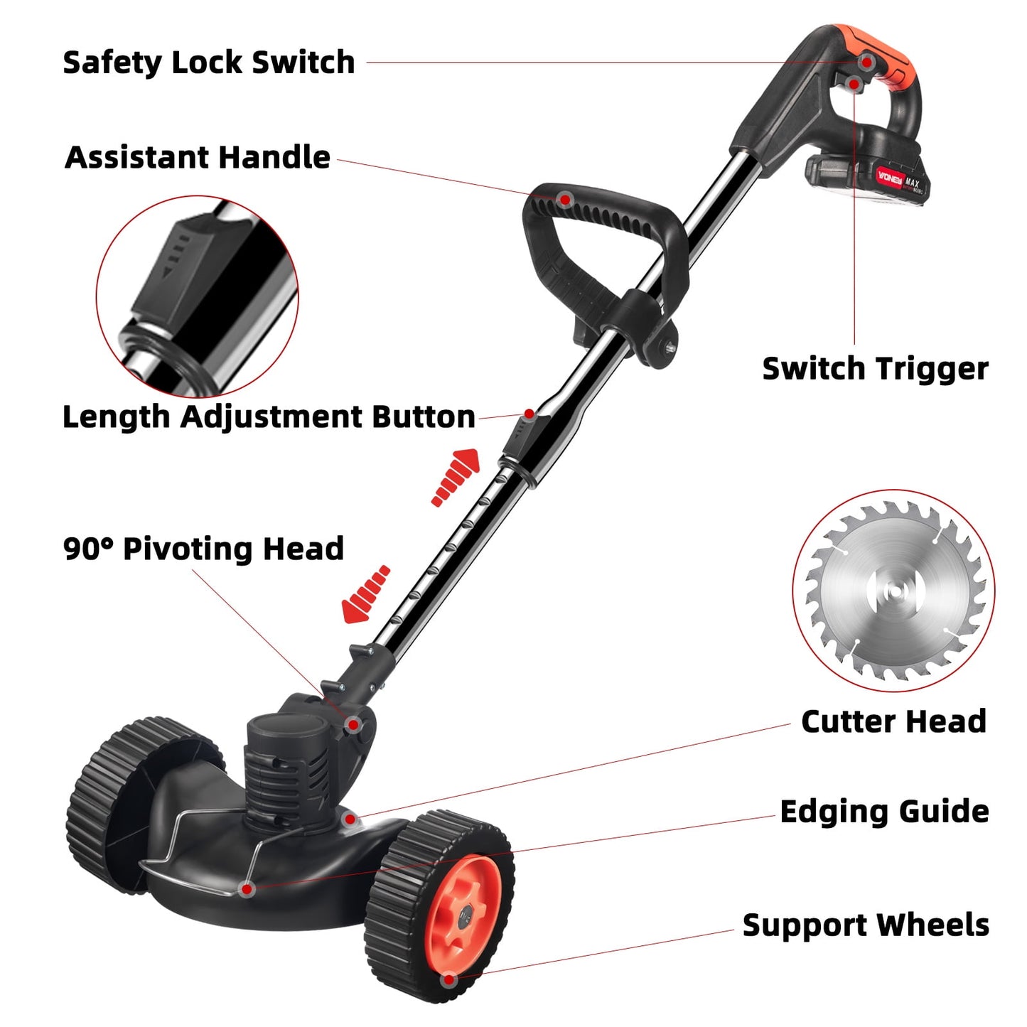 KingFurt Cordless String Trimmer,  Electric Weed Eater,  3 in 1 Weed Wacker with Wheels Weed, 3 Function Blades Electric Brush Cutter