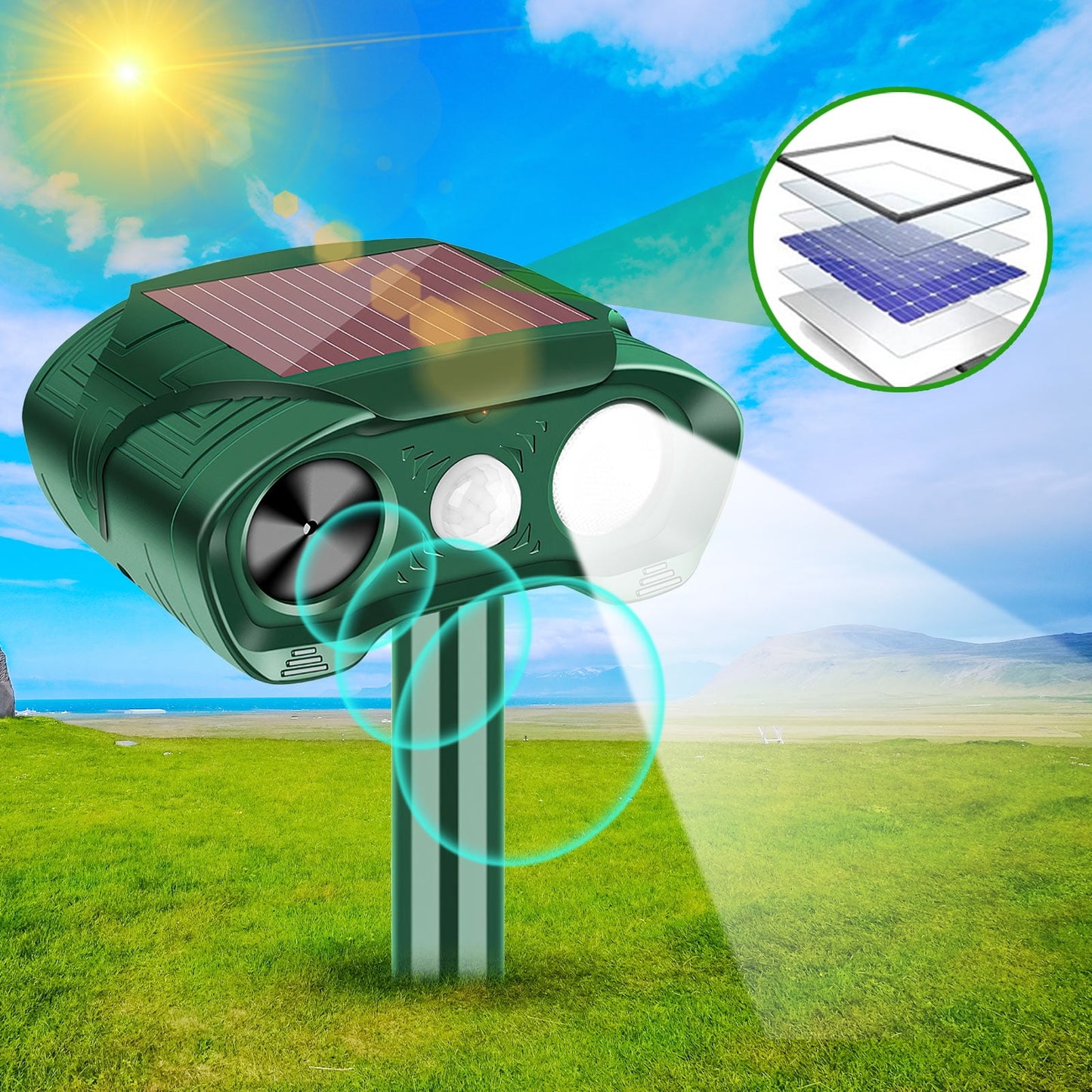 2 Pack Animal Repellent Ultrasonic Outdoor, Solar Animal Repeller with Motion Sensor Flashing Light Waterproof Animal Deterrent for Deer Raccoon Cat Squirrel Skunk Dog Rabbit Coyote and More