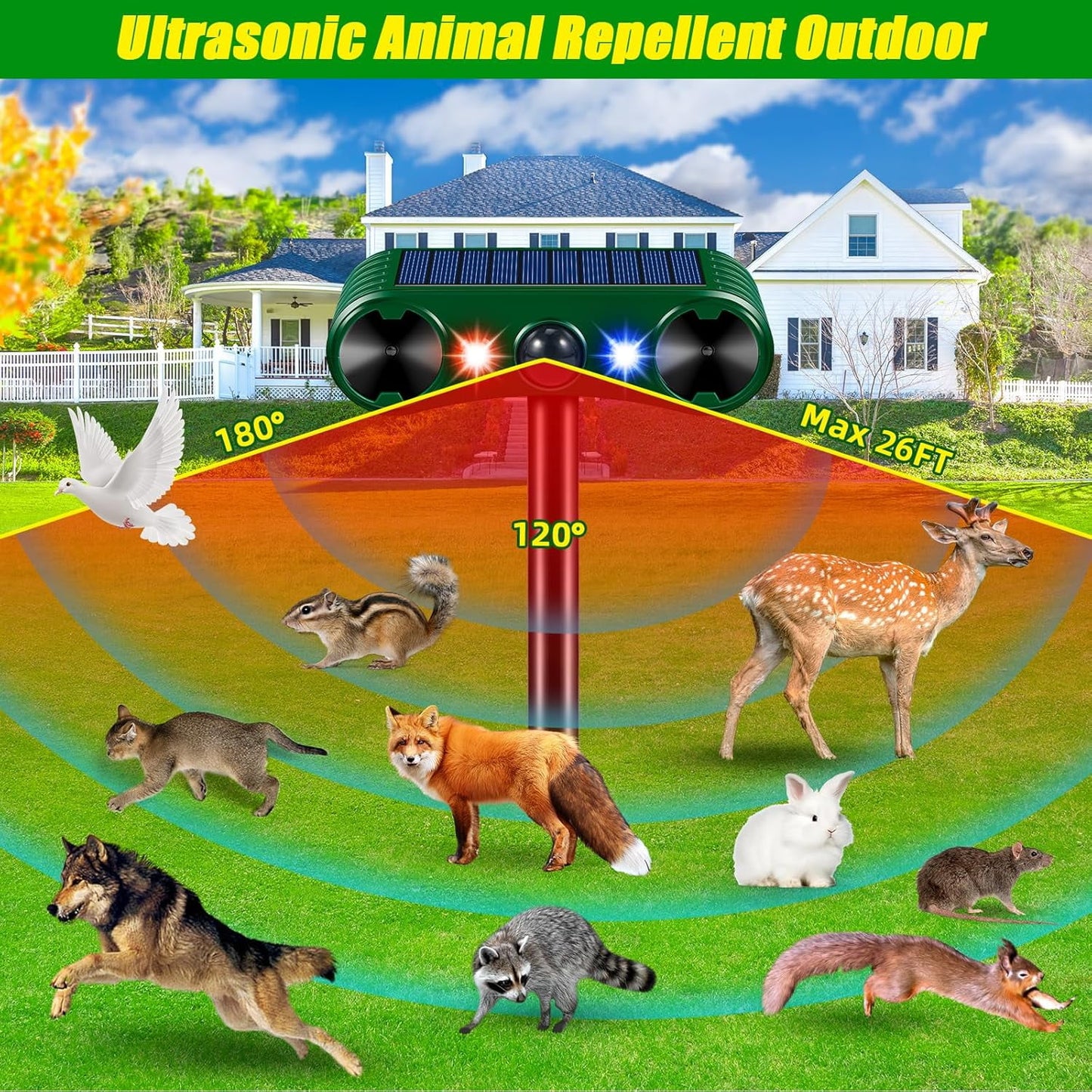 Solar Animal Repeller Ultrasonic Animal Repellent Deer Repellent Devices with LED Flashing Light to Repel Cat, Squirrel, Deer, Raccoon, Skunk, Rabbit, Rat, Dog