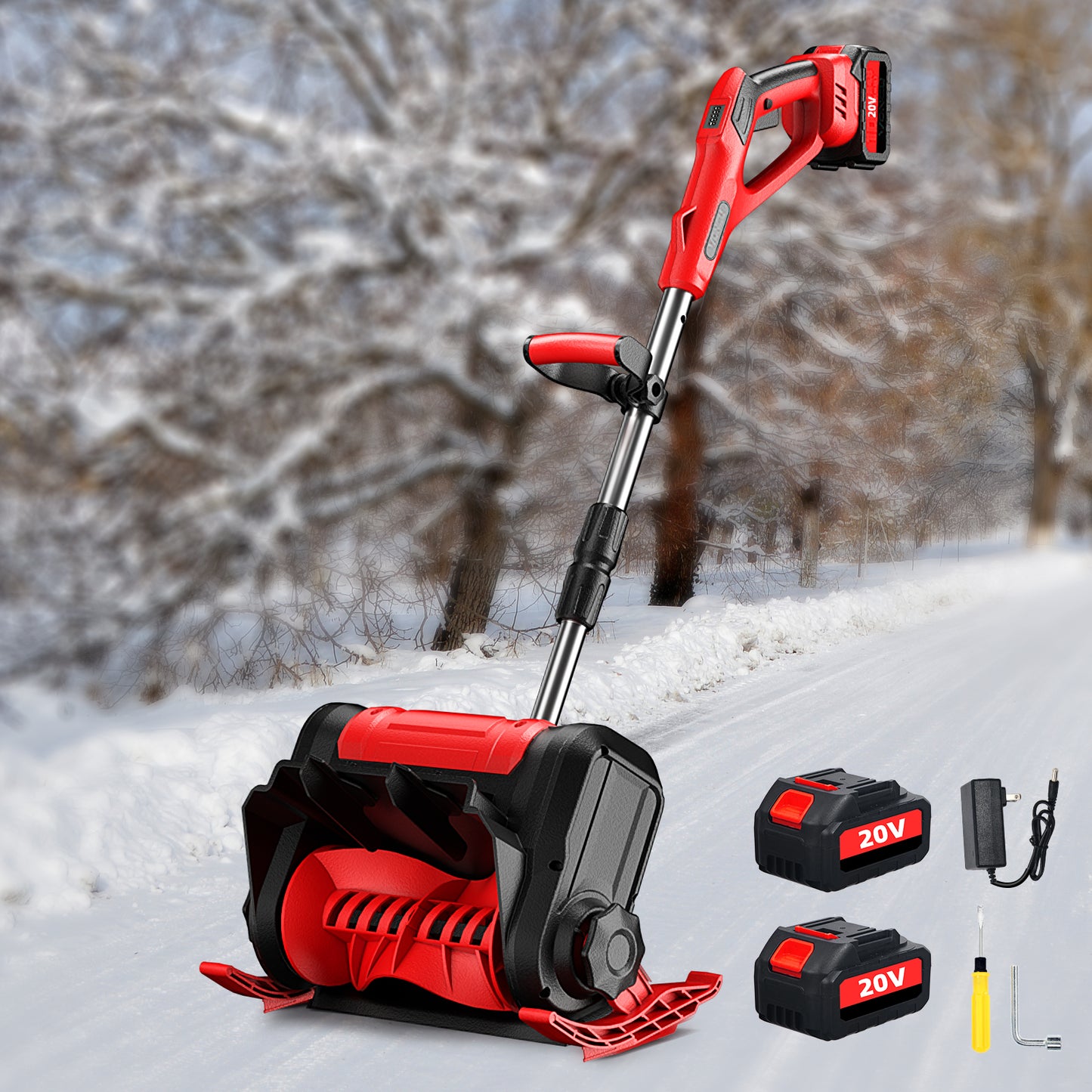 KingFurt 12in Cordless Snow Shovel Powerful Red Electric Snow Thrower with 21V Lithium Battery and Charger for Efficient Snow Removal