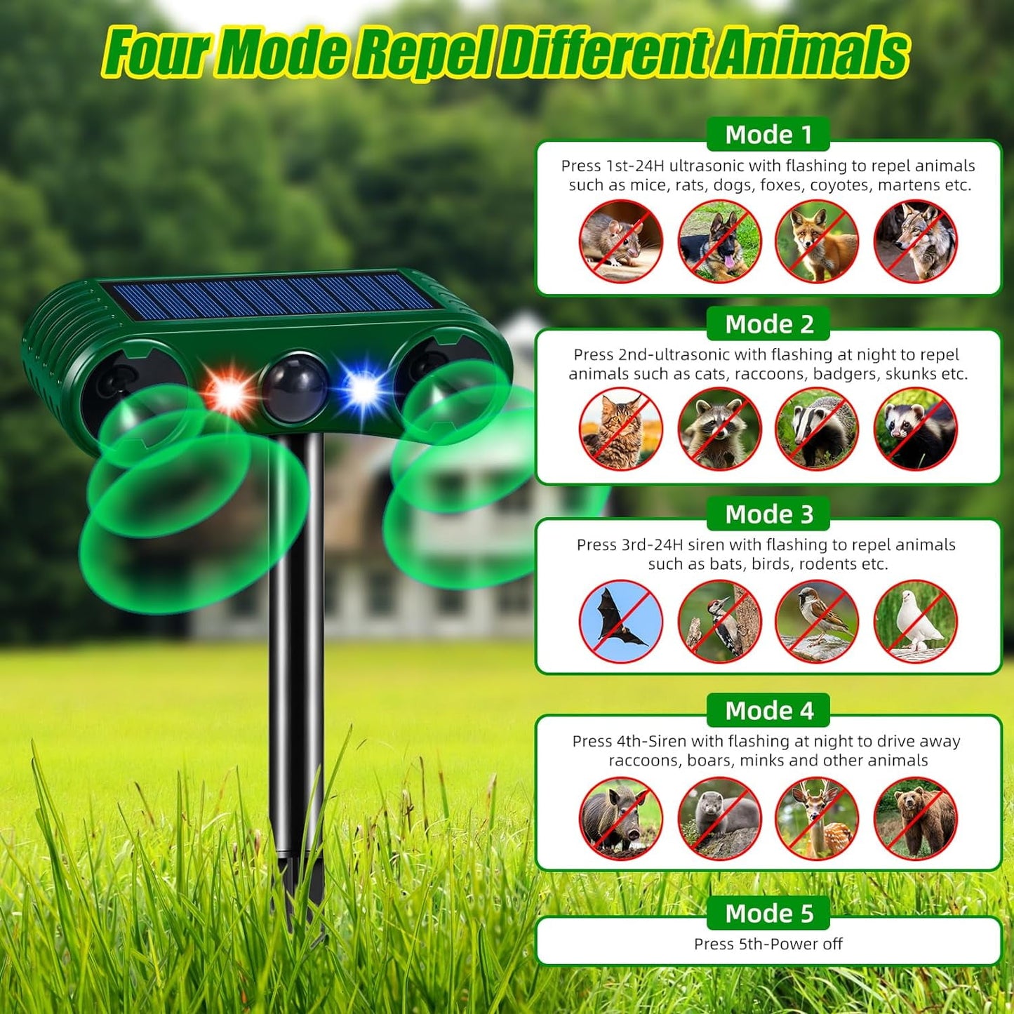 Solar Animal Repeller Ultrasonic Animal Repellent Deer Repellent Devices with LED Flashing Light to Repel Cat, Squirrel, Deer, Raccoon, Skunk, Rabbit, Rat, Dog