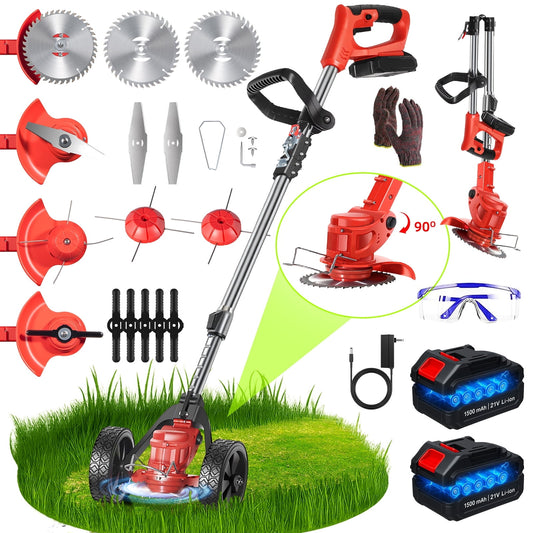 KingFurt 21V Cordless Weed Eater Brush Cutter with Wheels, Lightweight Lawn Edger,String Trimmer with 2x Batteries, 3 Types Blades Kit for Yard Lawn Garden