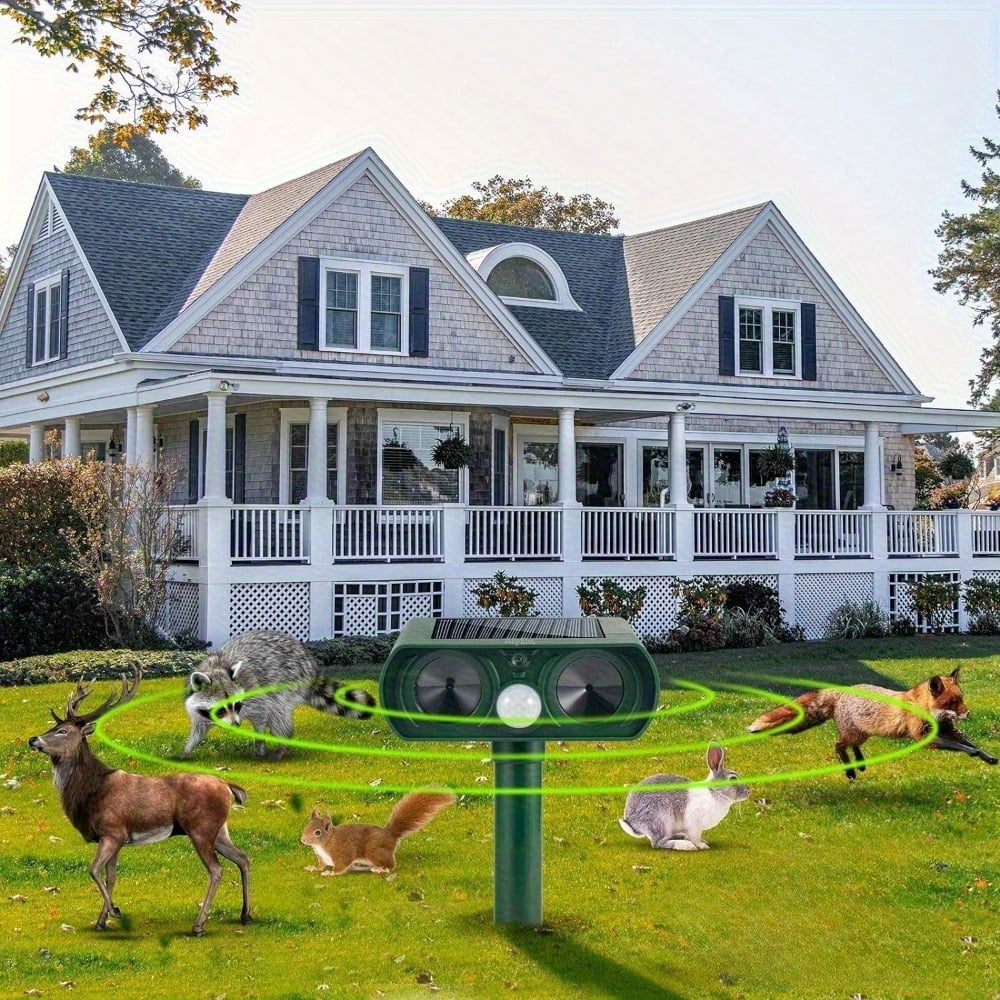 4 Pack Ultrasonic Repellent Solar Animal Repeller Outdoor Waterproof with Motion Sensor Red Light Deterrent for Raccoon Rabbit Coyote Squirrel Deer Cat Dog Skunk Fox Etc