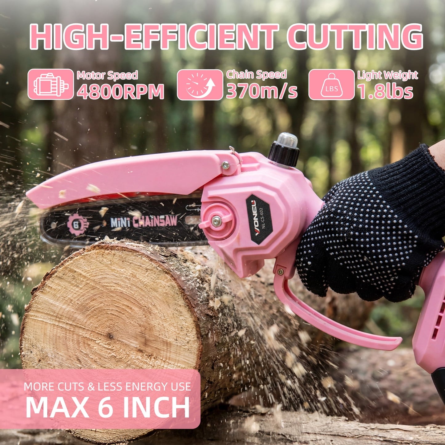 KingFurt 6-inch mini chainsaw set, with Oiler System +2pcs 21V batteries, Cute pink cordless electric chainsaw for women