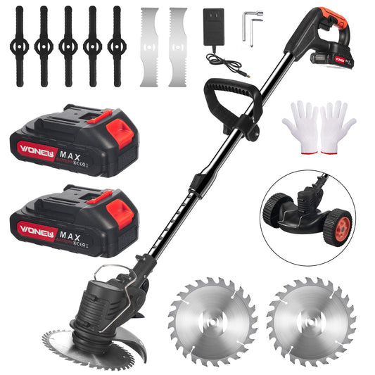 KingFurt Cordless String Trimmer,  Electric Weed Eater,  3 in 1 Weed Wacker with Wheels Weed, 3 Function Blades Electric Brush Cutter