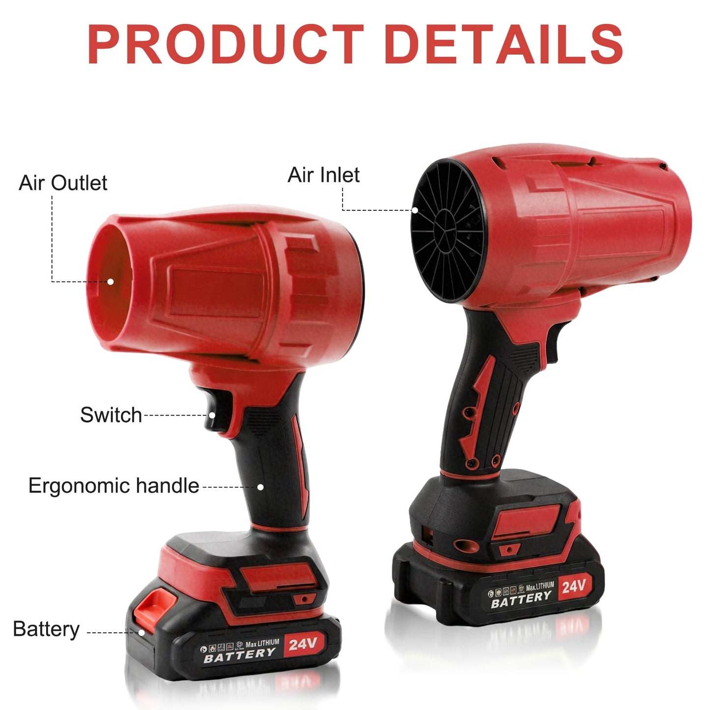KingFurt 24V Cordless Leaf Blower, High Speed Turbine Jet Blower with Extended Nozzle, Battery Powered Handheld Air Blaster for Patio Cleaning, Driveway Dust Removal & Car Drying-Red