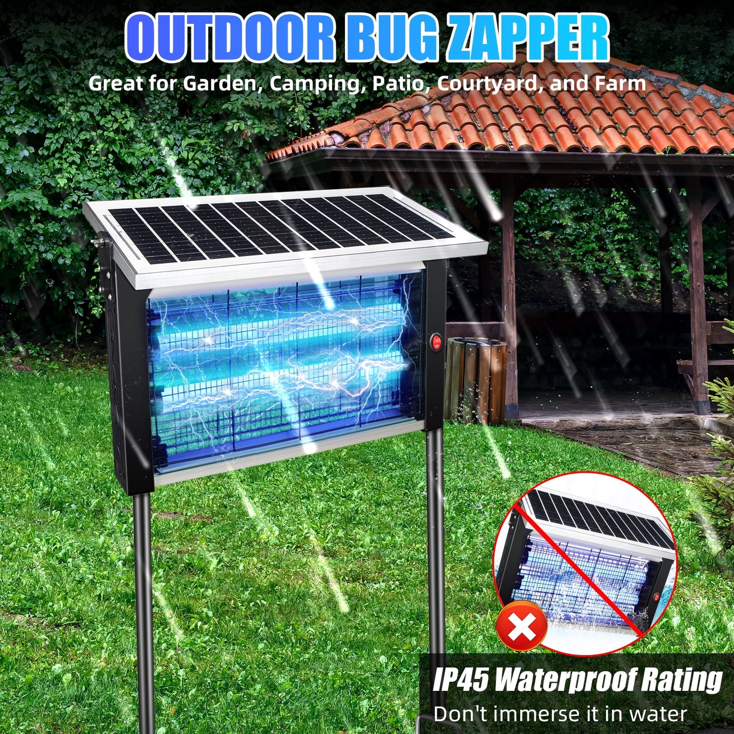 KingFurt Mosquito Zapper, Solar Bug Zapper Outdoor, Rechargeable Electric Mosquito Killer with Grounding Bracket Fly Insect Mosquito Trap for Patio Garden