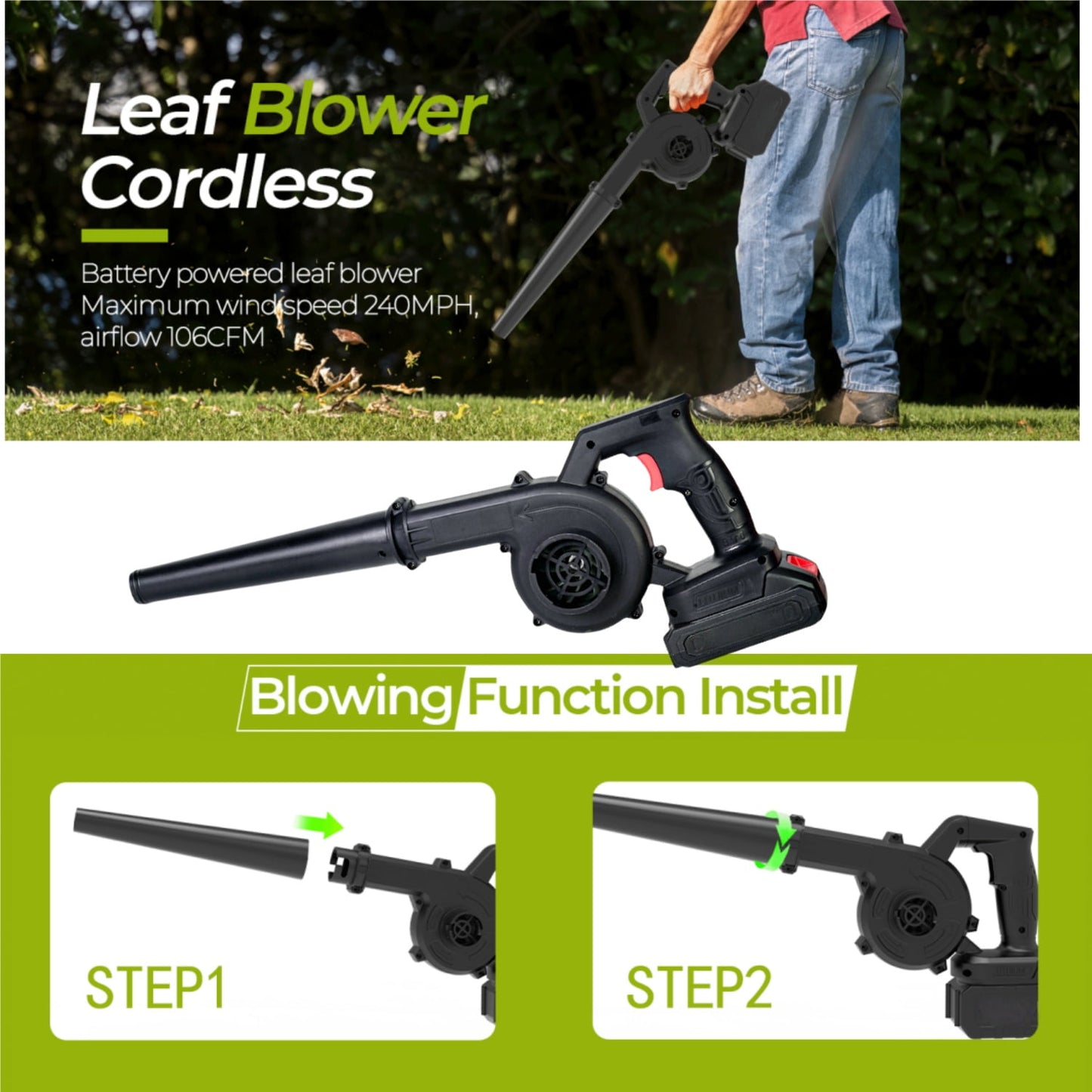 KingFurt 21V Cordless Leaf Blower and Vacuum, Lightweight, Handheld 2-in-1