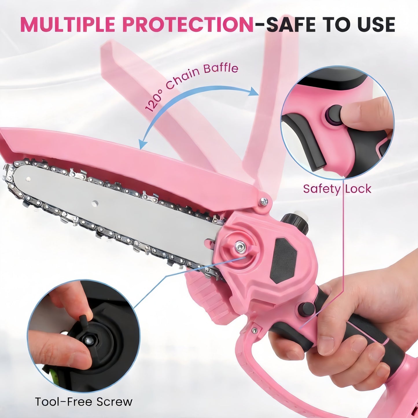 KingFurt 6-inch mini chainsaw set, with Oiler System +2pcs 21V batteries, Cute pink cordless electric chainsaw for women