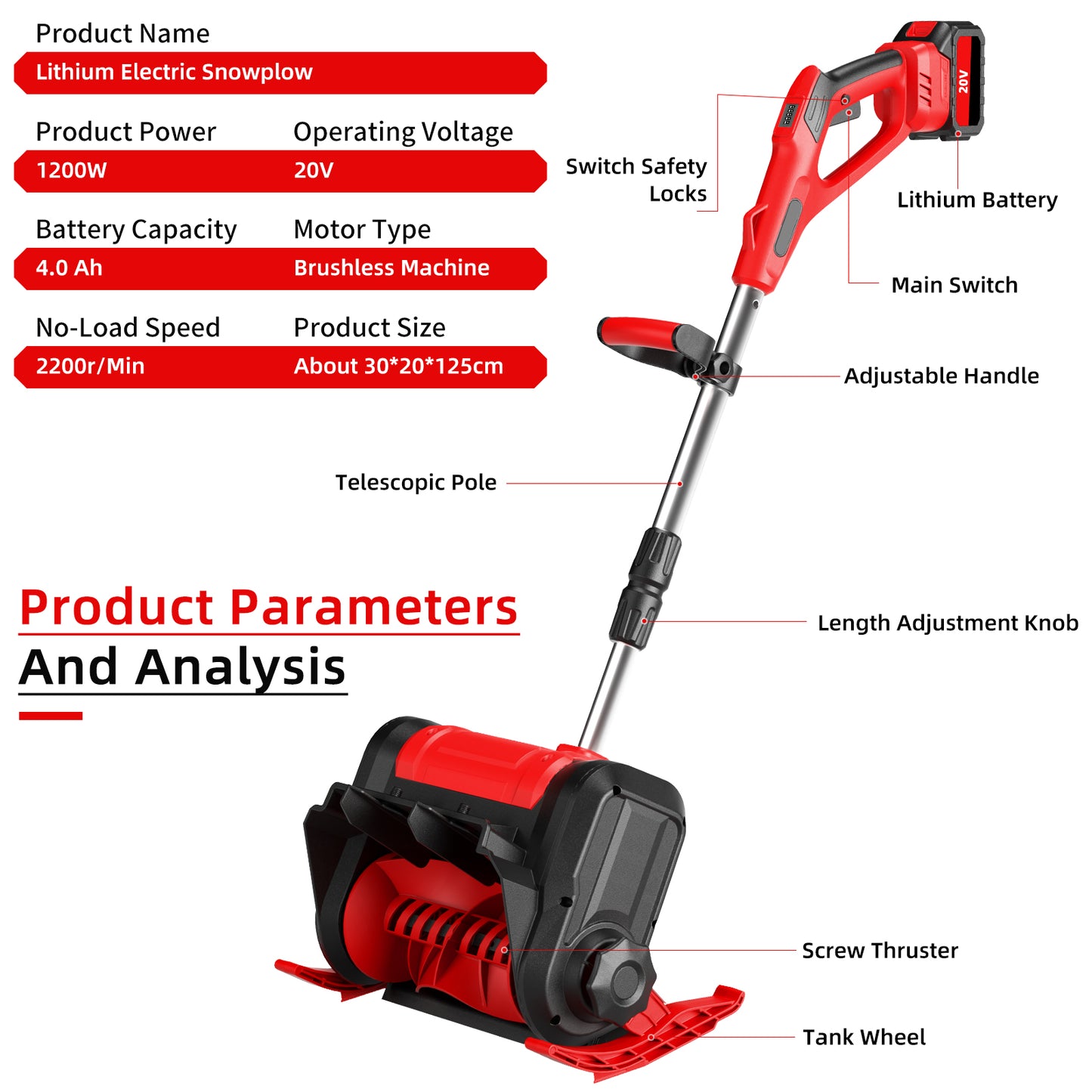 KingFurt 12in Cordless Snow Shovel Powerful Red Electric Snow Thrower with 21V Lithium Battery and Charger for Efficient Snow Removal