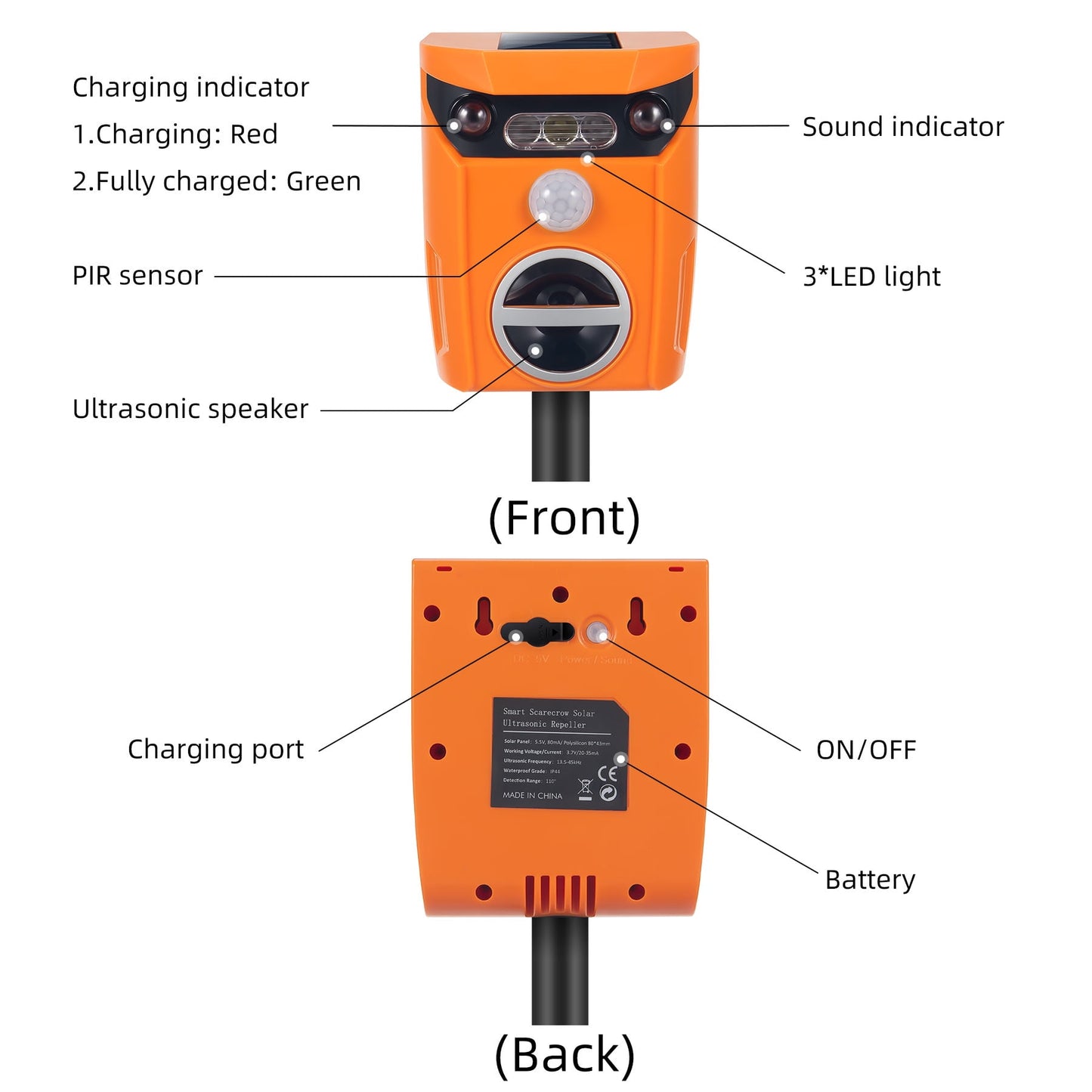 KingFurt Solar Ultrasonic Animal Repeller in Orange - Eco-friendly Pest Deterrent for Outdoor Spaces