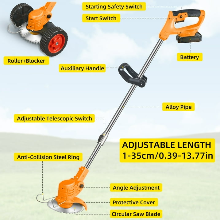 KingFurt Cordless Lawn Mower Kit Powerful DC Motor Safety Brush Cutter Blades Adjustable Handle