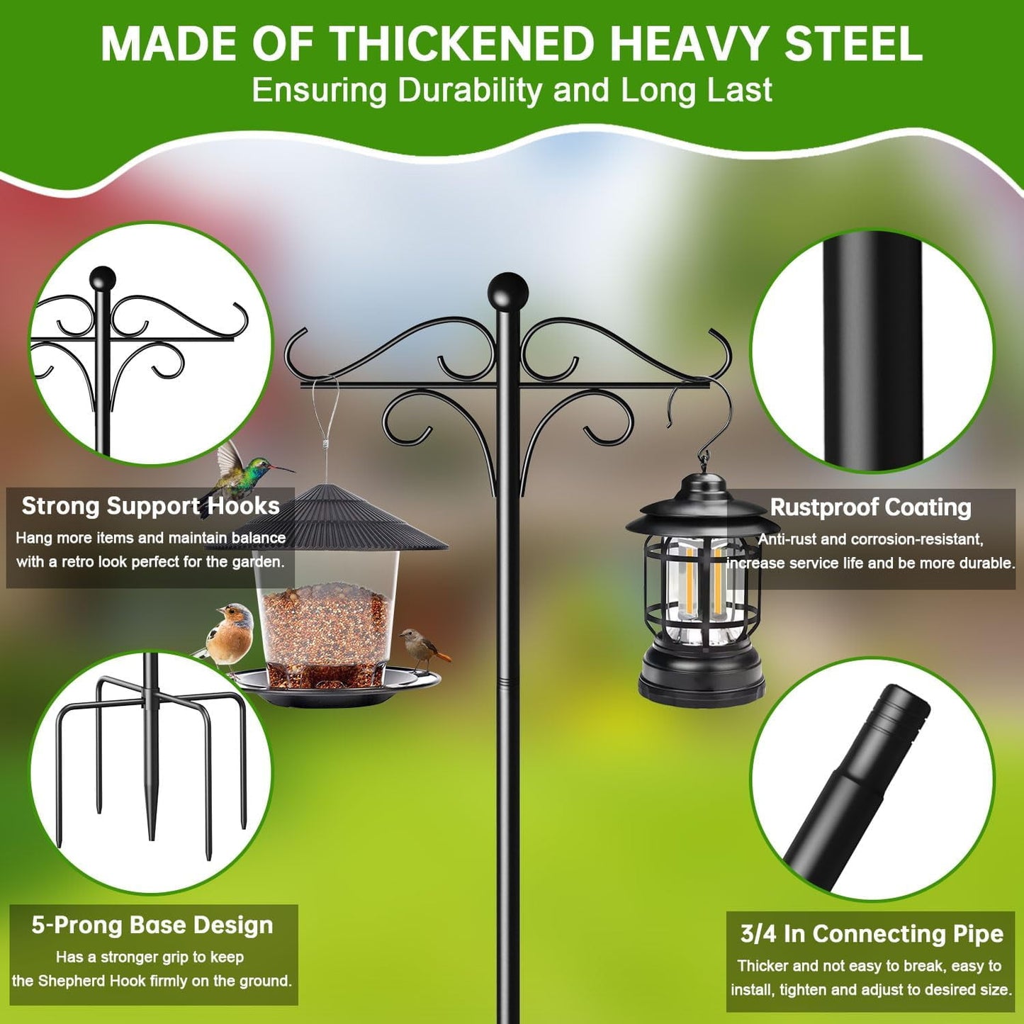 KingFurt shepherds hook heavy duty,108 inch shepard's hook with 5 Base Prongs, Ideal for Bird Feeders and Garden Decor