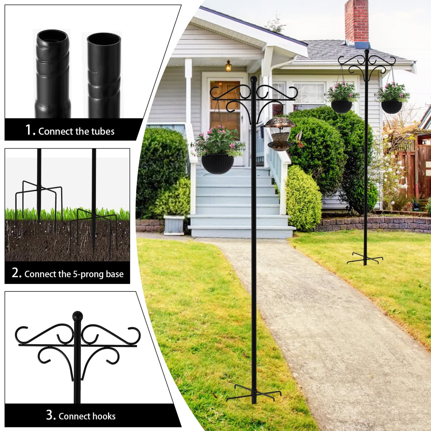 KingFurt shepherds hook heavy duty,108 inch shepard's hook with 5 Base Prongs, Ideal for Bird Feeders and Garden Decor