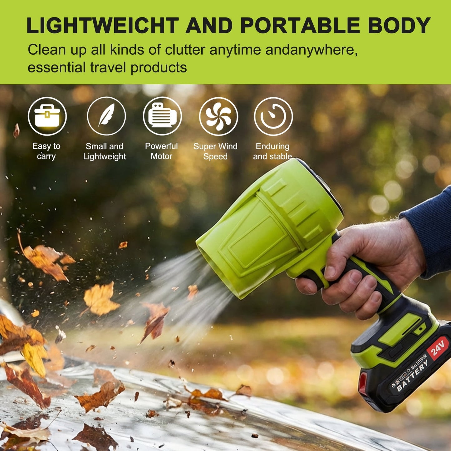 KingFurt 24V Cordless Leaf Blower, High Speed Turbine Jet Blower with Extended Nozzle, Battery Powered Handheld Air Blaster for Patio Cleaning, Driveway Dust Removal & Car Drying-Green