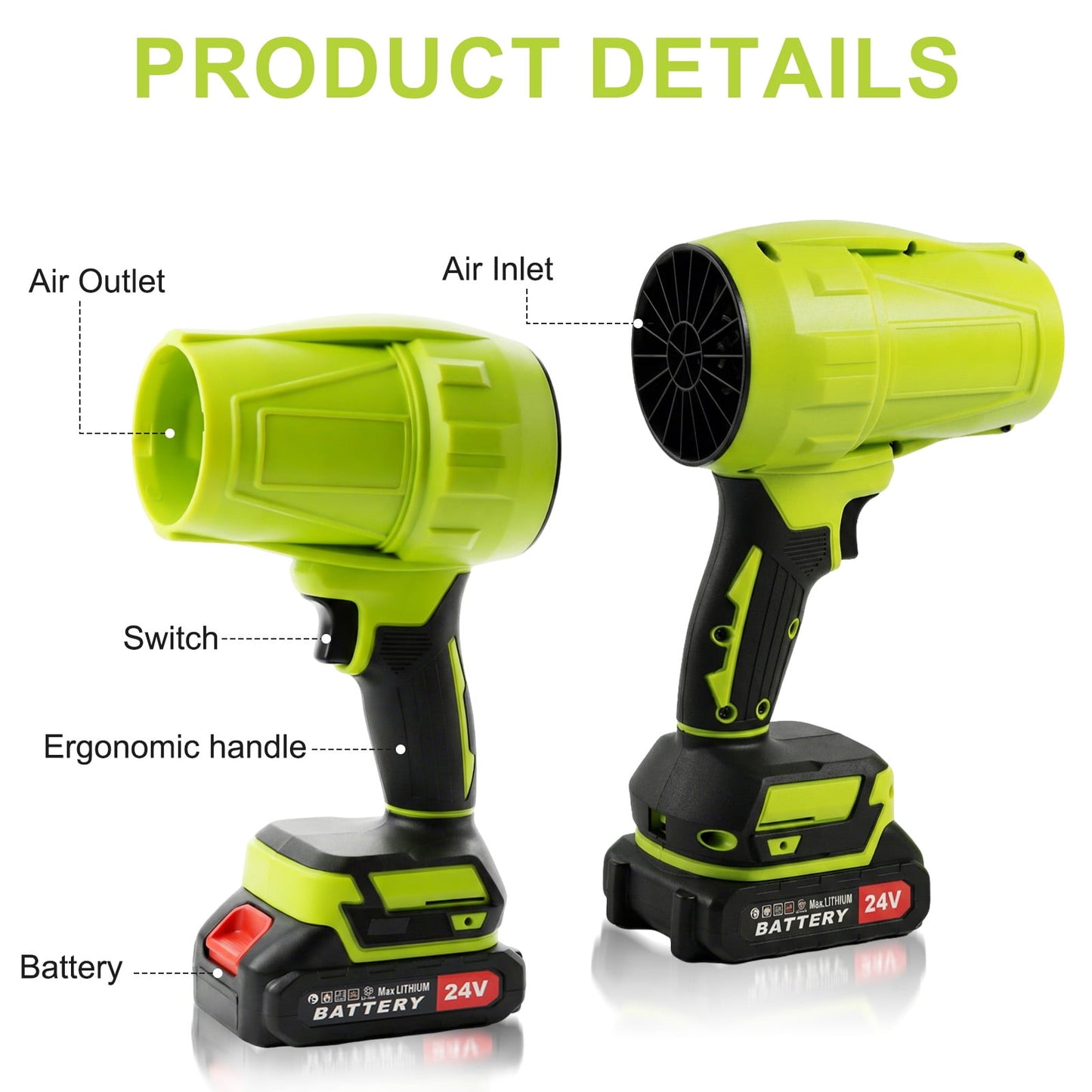 KingFurt 24V Cordless Leaf Blower, High Speed Turbine Jet Blower with Extended Nozzle, Battery Powered Handheld Air Blaster for Patio Cleaning, Driveway Dust Removal & Car Drying-Green