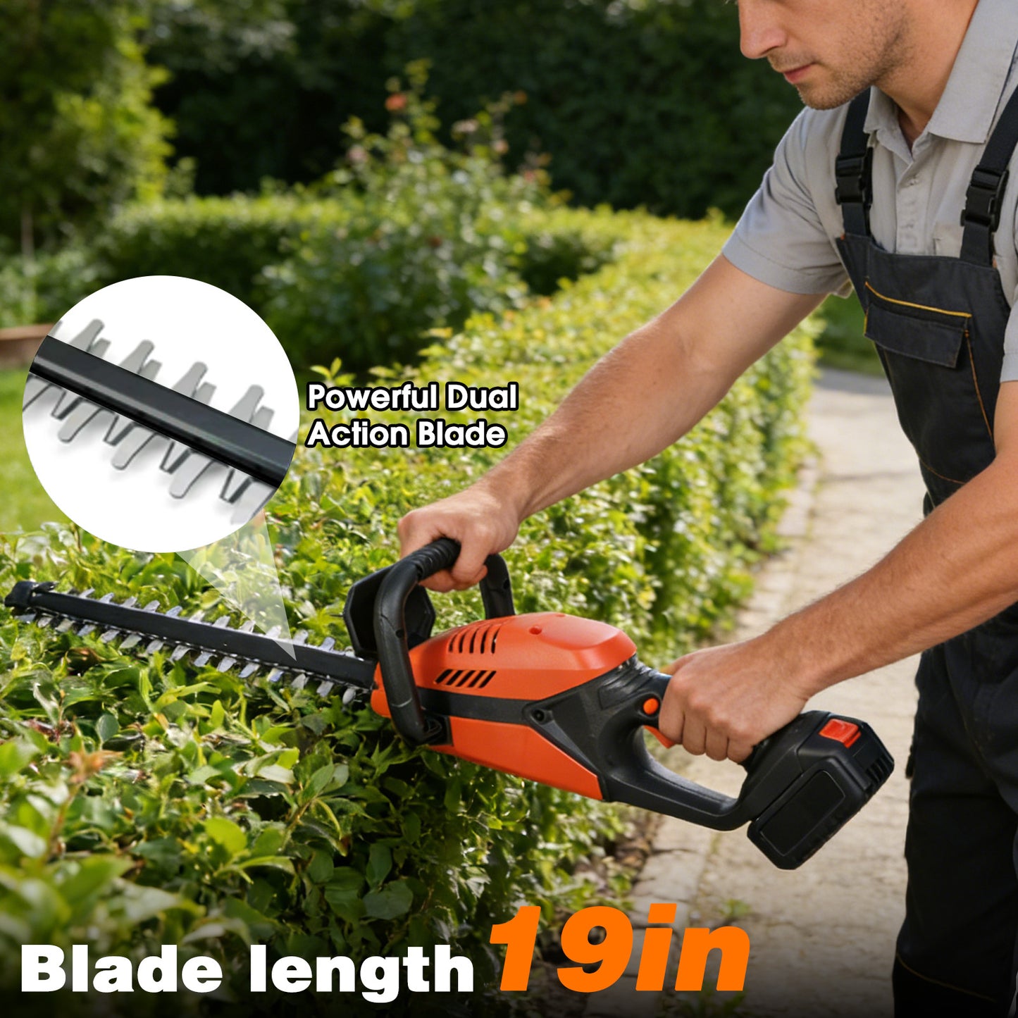 KingFurt 21V Cordless Hedge Trimmer, 20“ Bush Trimmer, Handheld Hedge Cutter,Battery and Charger Included