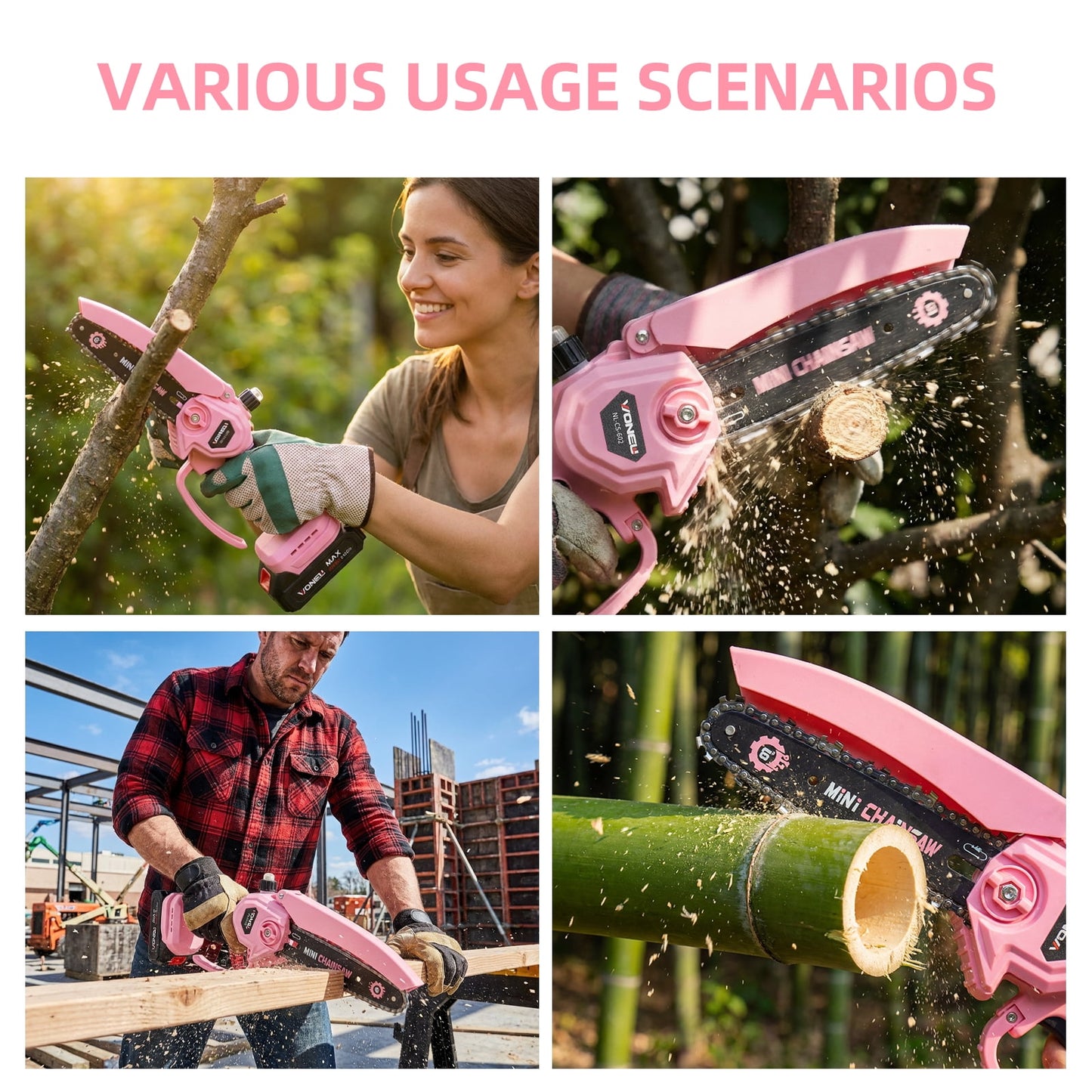 KingFurt 6-inch mini chainsaw set, with Oiler System +2pcs 21V batteries, Cute pink cordless electric chainsaw for women