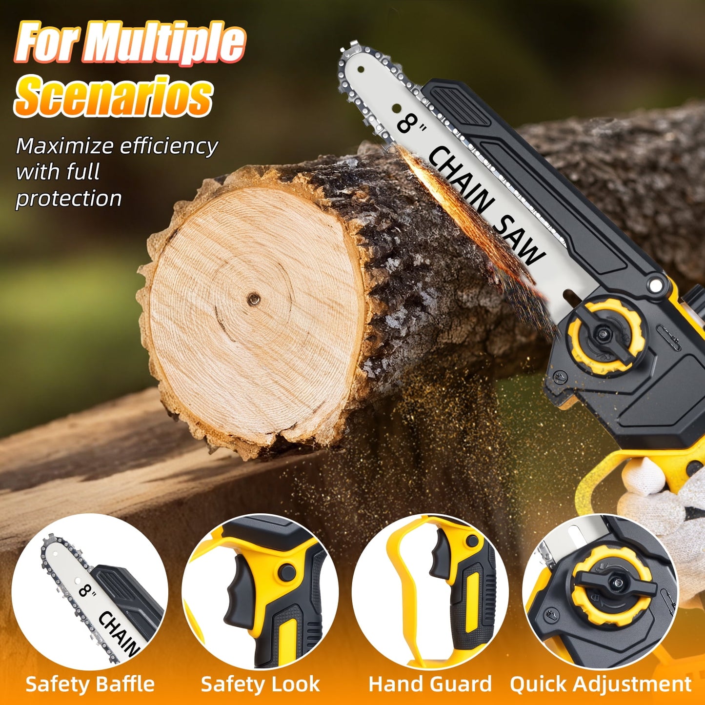 KingFurt 8 Inch Mini Chainsaw,21V Electric Cordless Chainsaw, Portable Handheld Pruning Saw with 2 Batteries and 2 Chains for Tree Trimming & Wood Cutting