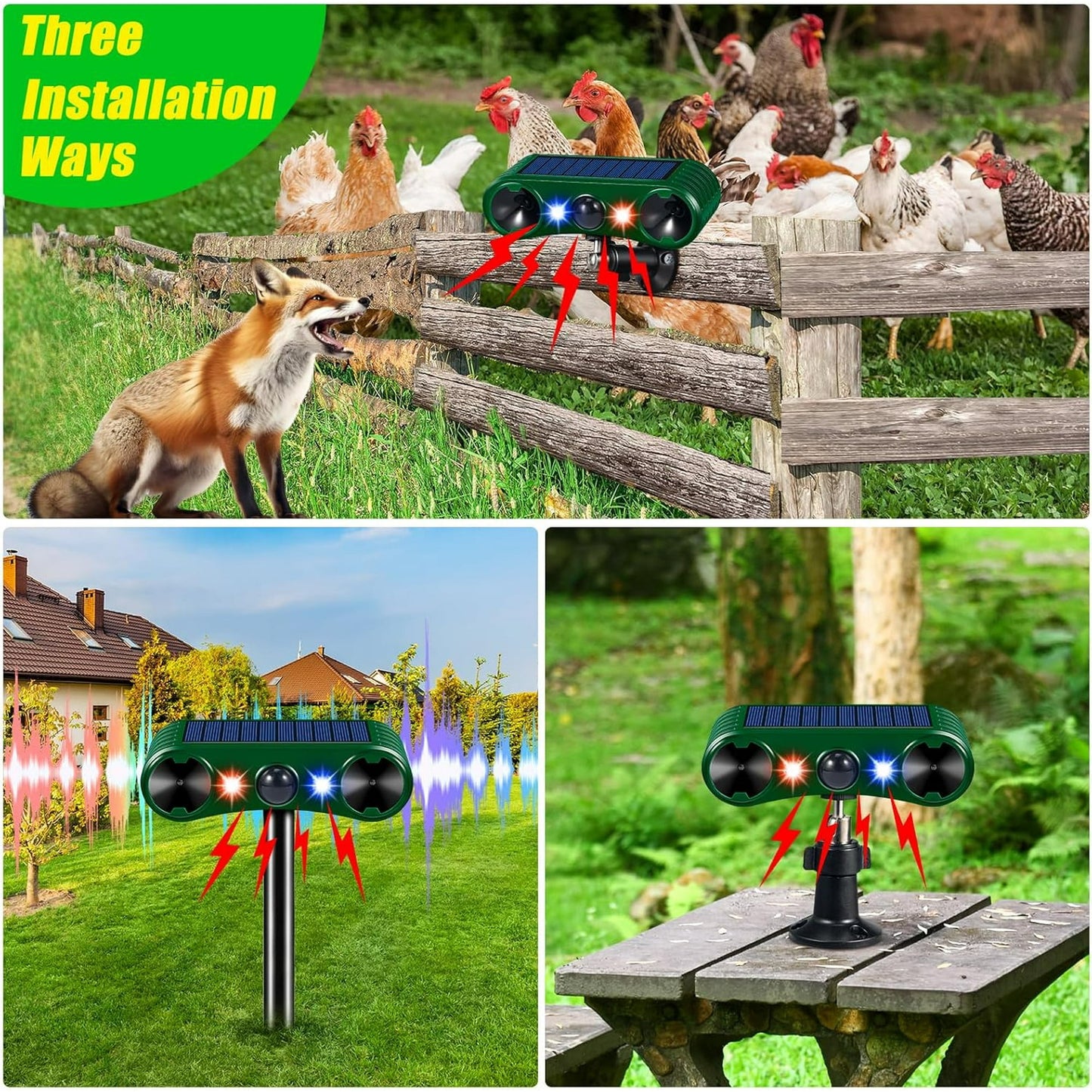 Solar Animal Repeller Ultrasonic Animal Repellent Deer Repellent Devices with LED Flashing Light to Repel Cat, Squirrel, Deer, Raccoon, Skunk, Rabbit, Rat, Dog
