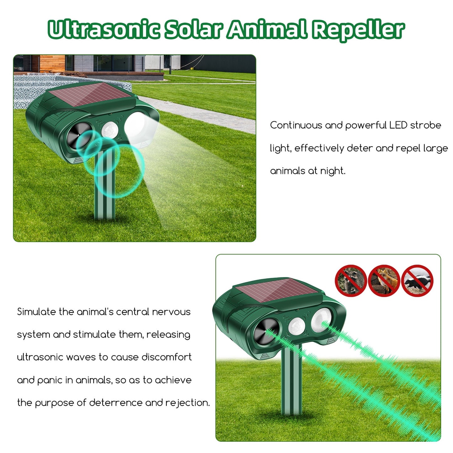 2 Pack Animal Repellent Ultrasonic Outdoor, Solar Animal Repeller with Motion Sensor Flashing Light Waterproof Animal Deterrent for Deer Raccoon Cat Squirrel Skunk Dog Rabbit Coyote and More