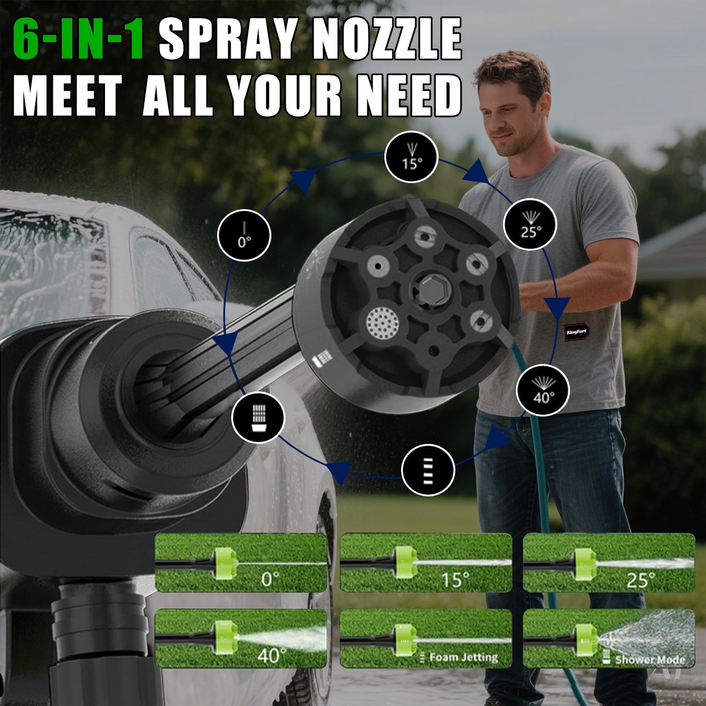 KingFurt Cordless Power Washer, Handheld Pressure Washer with 6-in-1 Adjustable Nozzle,16.4FT Drain Hose, Power Cleaner for Patio/Floor Fence/Cars