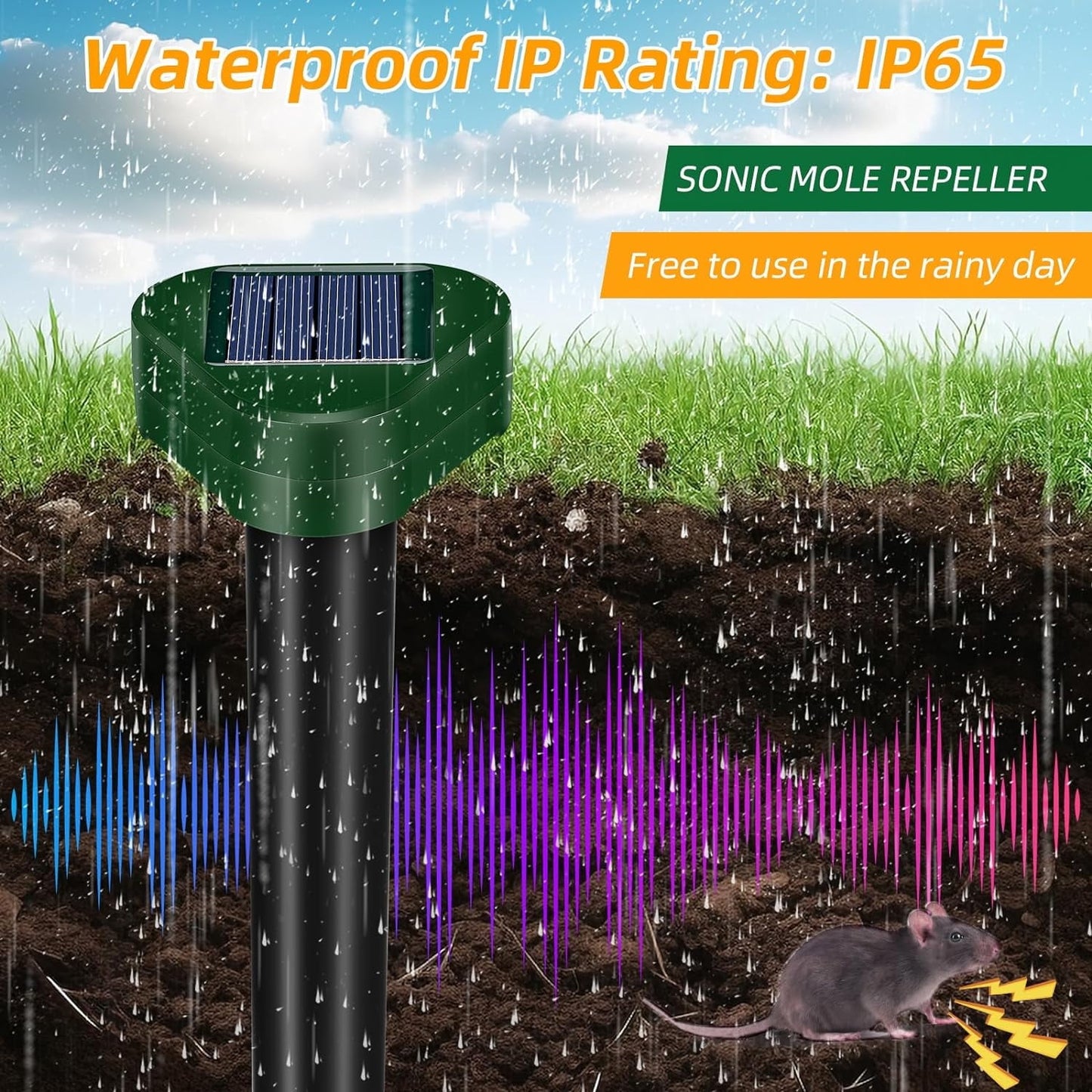 KingFurt 4 Pack Solar Mole Repellent Outdoor, Ultrasonic Mole Repellent Stakes for Lawn Garden Yard