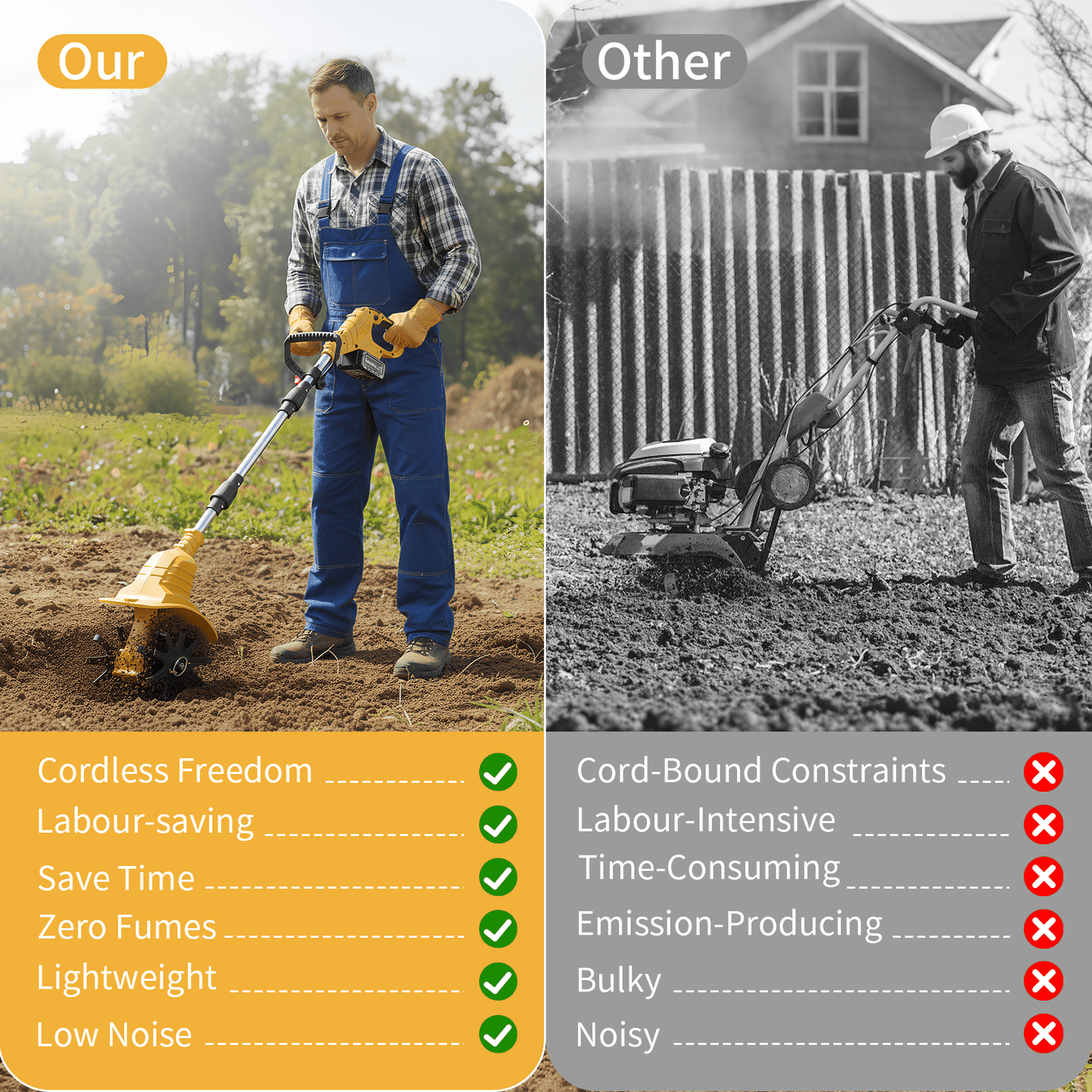KingFurt 21V Cordless Tiller Cultivator, 2x 2.0Ah Batteries, 330RPM Electric Garden Rototiller for Soil, Weeding, Vegetable Plots