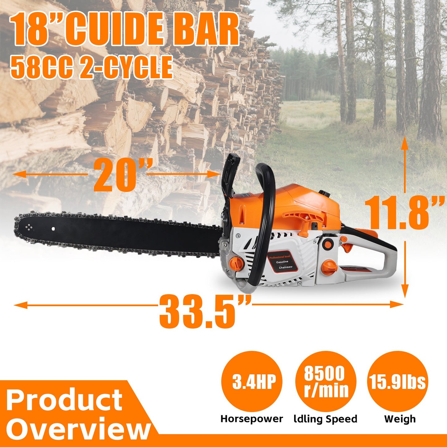KingFurt 58CC Gas Chainsaw, 18 Inch Power Chainsaw, 2-Cycle Handed Petrol Chainsaws for Tree Cutting, Gardens and Farms