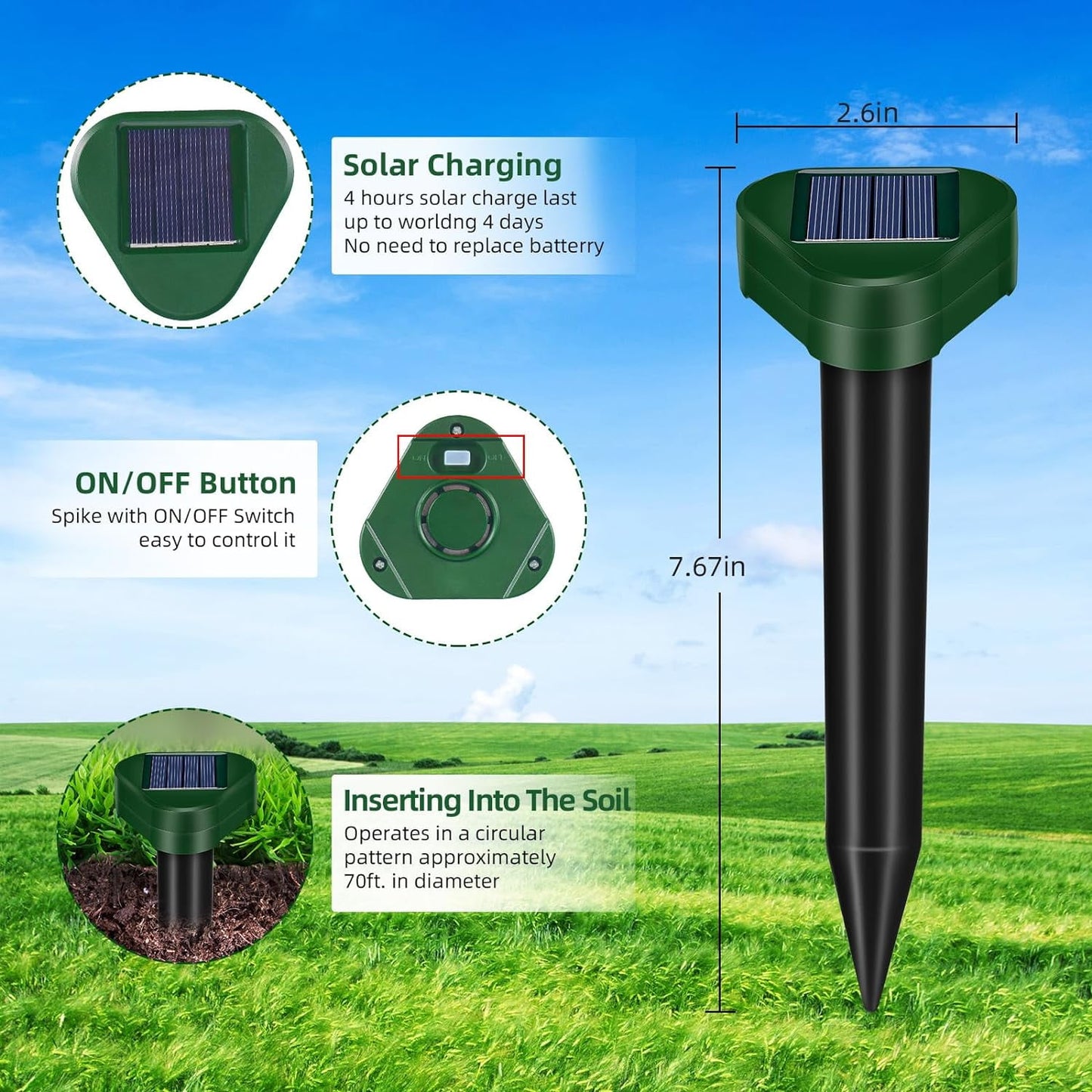 KingFurt 8 Pack Solar Mole Repellent Outdoor, Ultrasonic Mole Repellent Stakes for Lawn Garden Yard