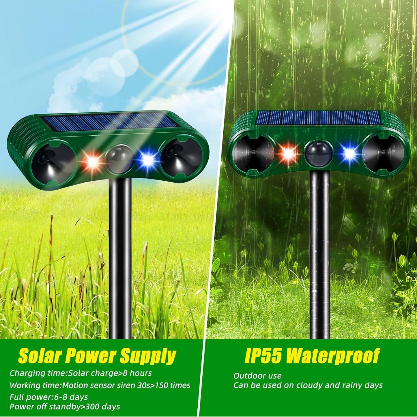 Solar Animal Repeller Ultrasonic Animal Repellent Deer Repellent Devices with LED Flashing Light to Repel Cat, Squirrel, Deer, Raccoon, Skunk, Rabbit, Rat, Dog