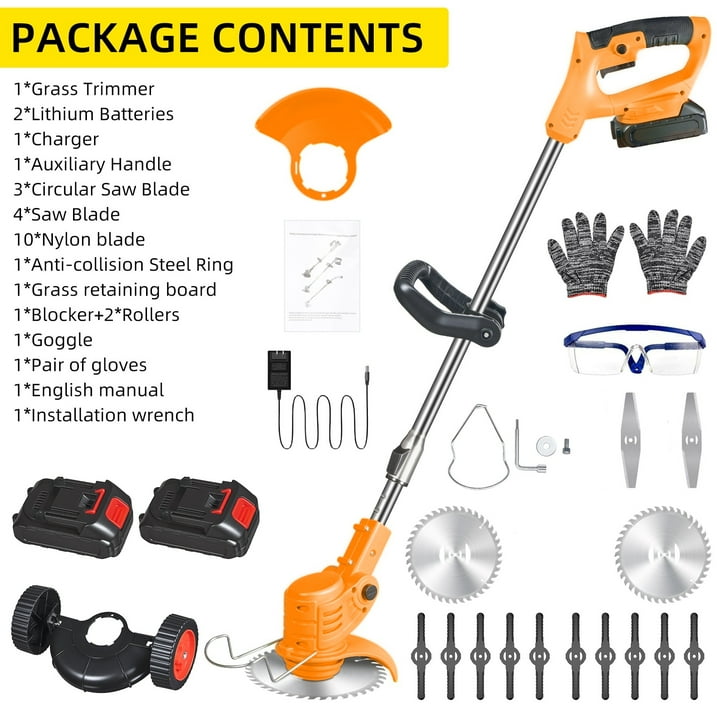 KingFurt Cordless Lawn Mower Kit Powerful DC Motor Safety Brush Cutter Blades Adjustable Handle