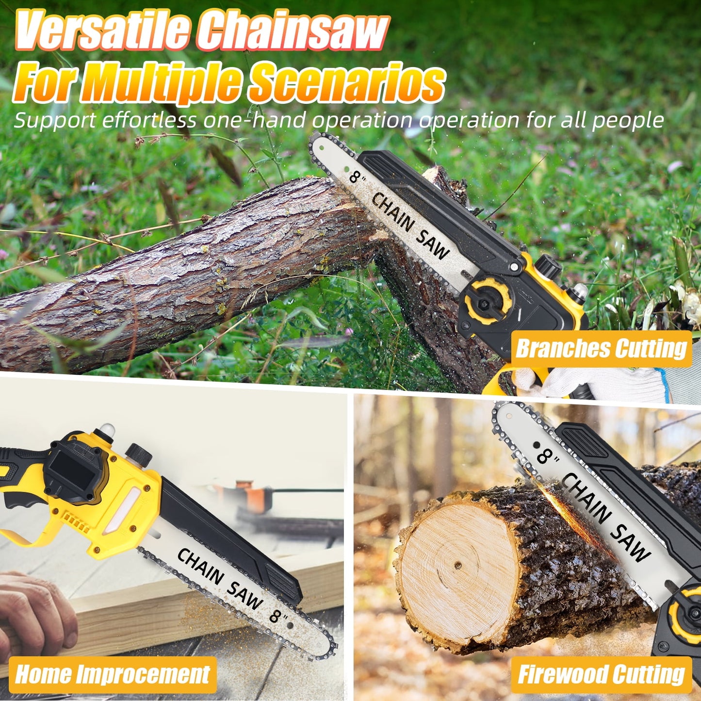 KingFurt 8 Inch Mini Chainsaw,21V Electric Cordless Chainsaw, Portable Handheld Pruning Saw with 2 Batteries and 2 Chains for Tree Trimming & Wood Cutting