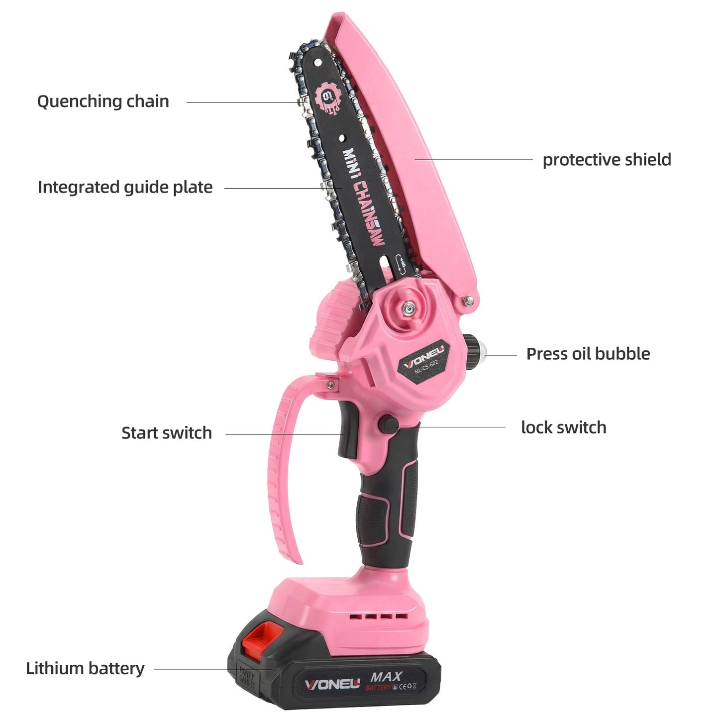KingFurt 6-inch mini chainsaw set, with Oiler System +2pcs 21V batteries, Cute pink cordless electric chainsaw for women