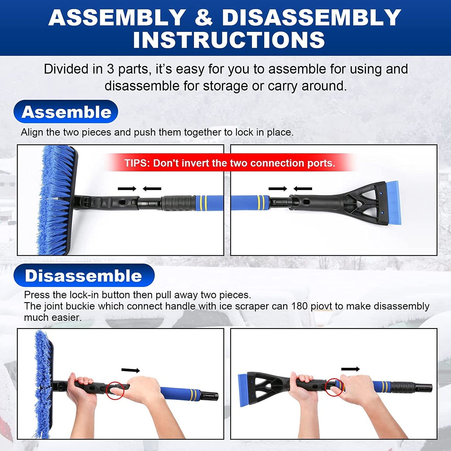KingFurt Ice Scrapers for Car Windshield, Upgraded 31 Inch Snow Scraper and Brush Combo Extendable 360° Pivoting Ice Snow Removal Tool for Car, Truck, SUV
