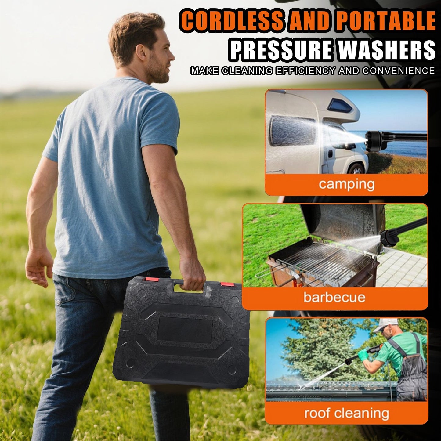 KingFurt Cordless Power Washer, Handheld Pressure Washer with 6-in-1 Adjustable Nozzle,16.4FT Drain Hose, Power Cleaner for Patio/Floor Fence/Cars