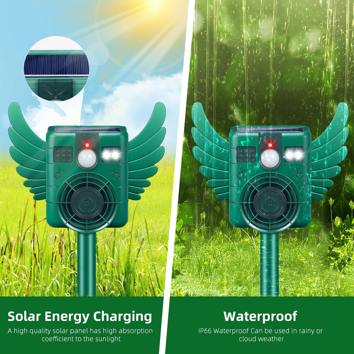KingFurt Solar Animal Repeller with Ultrasonic Motion Sensor and LED Lights, Waterproof, 1 Pack, 5.3" x 4.2" x 3.7"
