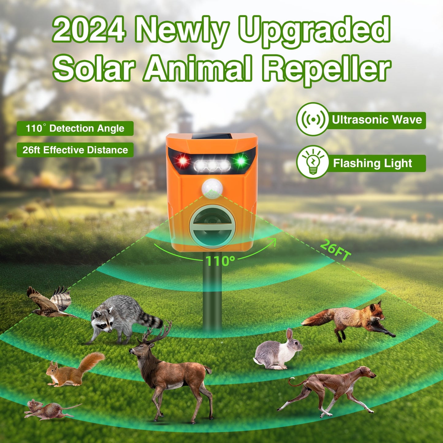 KingFurt Solar Ultrasonic Animal Repeller in Orange - Eco-friendly Pest Deterrent for Outdoor Spaces