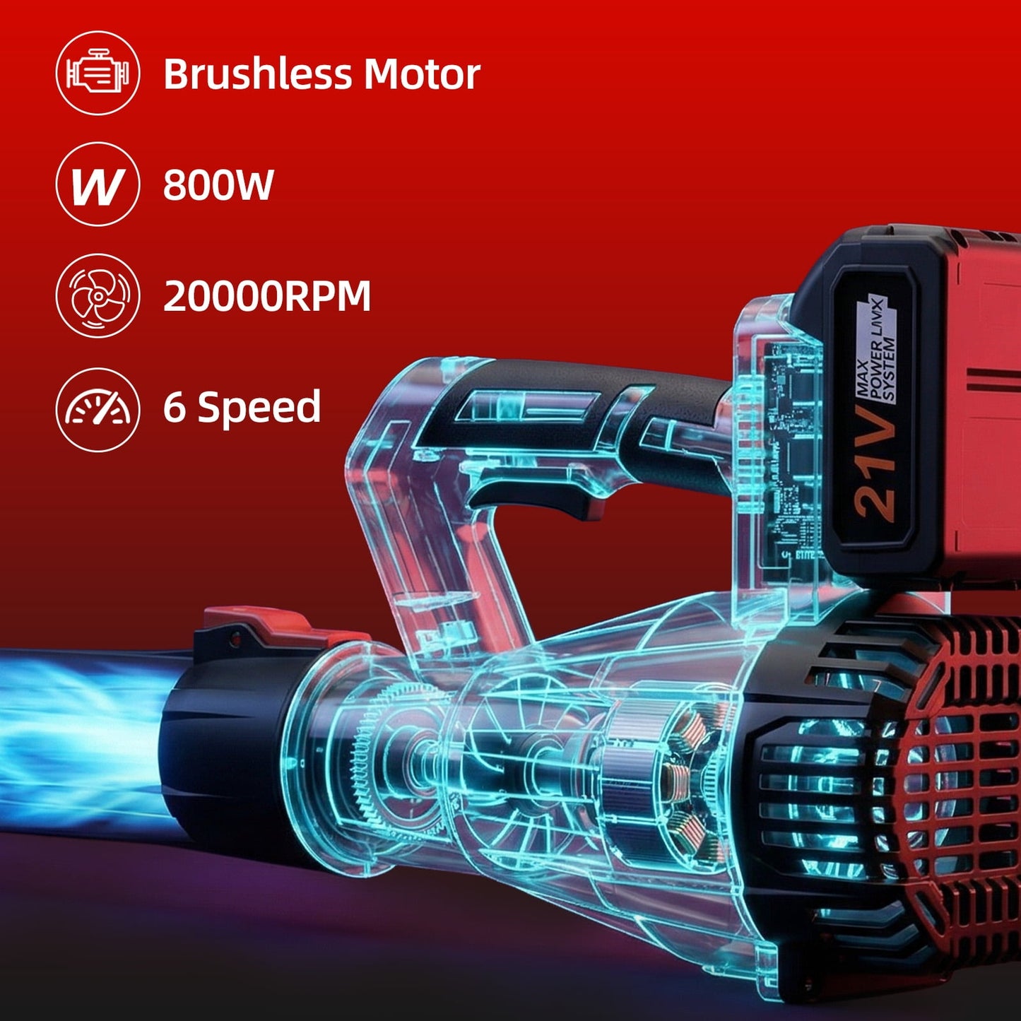 KingFurt 21V Cordless Leaf Blower, 6-Speed High Power Electric Blower with 2x3.0Ah Batteries & Fast Charger, Lightweight Handheld Blower for Lawn Care, Patio, Snow, & Debris (Red/Black)