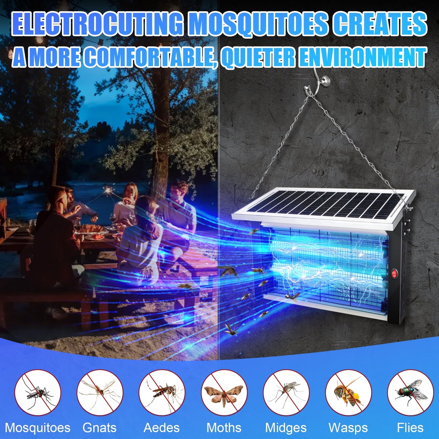 KingFurt Mosquito Zapper, Solar Bug Zapper Outdoor, Rechargeable Electric Mosquito Killer with Grounding Bracket Fly Insect Mosquito Trap for Patio Garden