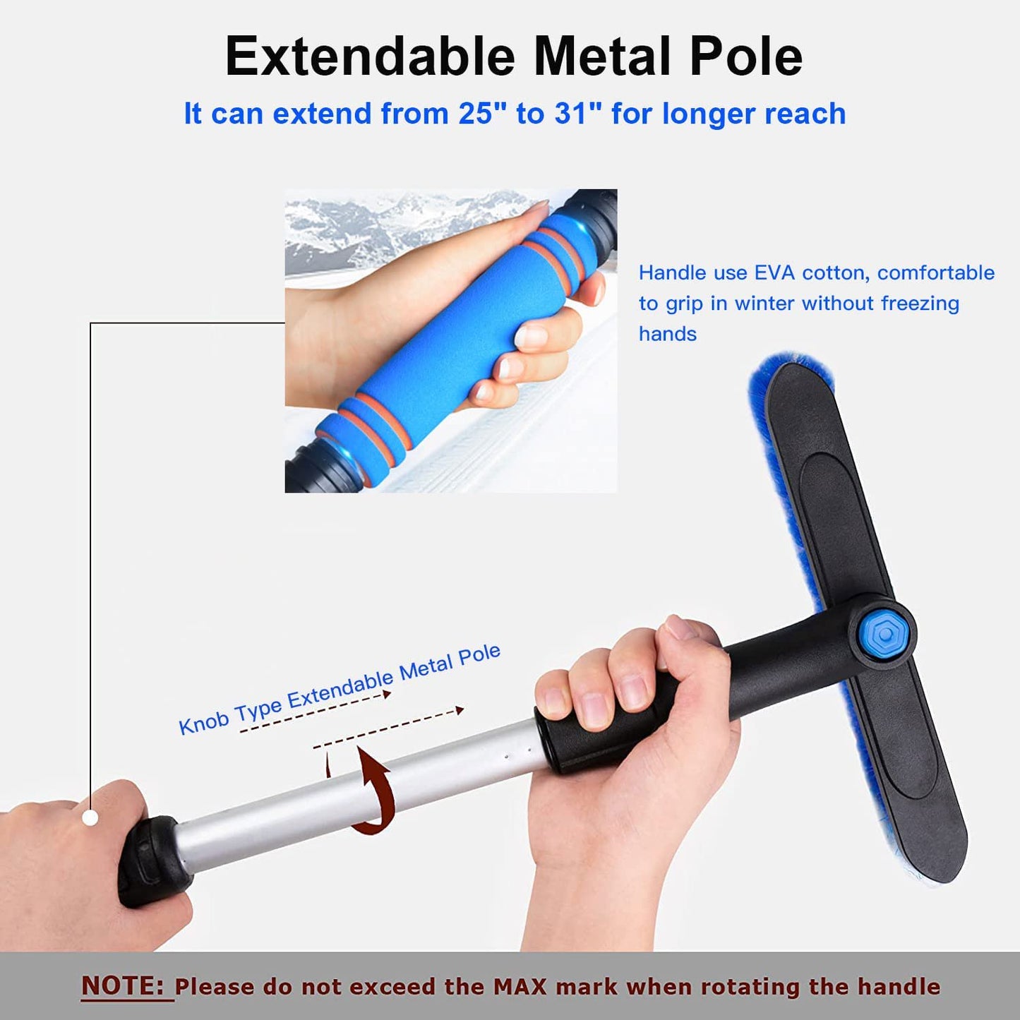KingFurt Ice Scrapers for Car Windshield, Upgraded 31 Inch Snow Scraper and Brush Combo Extendable 360° Pivoting Ice Snow Removal Tool for Car, Truck, SUV
