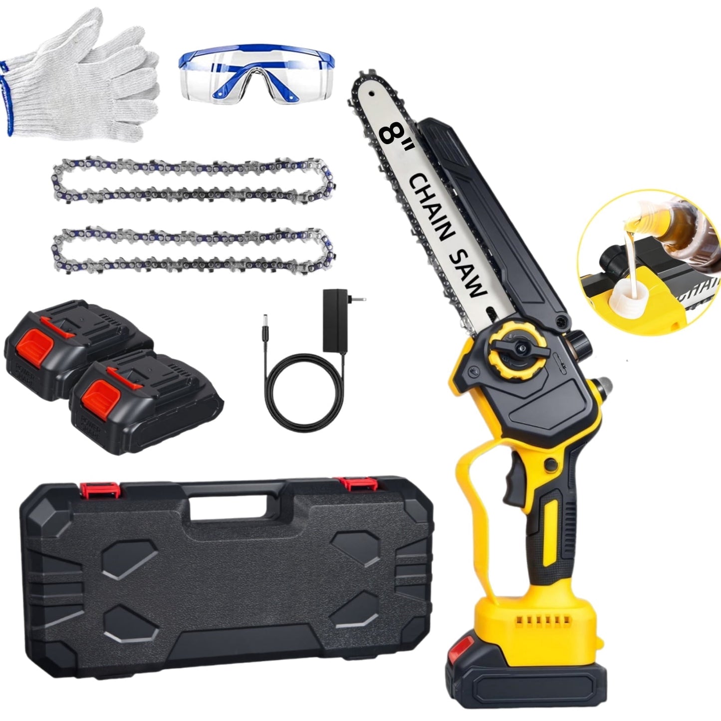 KingFurt 8 Inch Mini Chainsaw,21V Electric Cordless Chainsaw, Portable Handheld Pruning Saw with 2 Batteries and 2 Chains for Tree Trimming & Wood Cutting