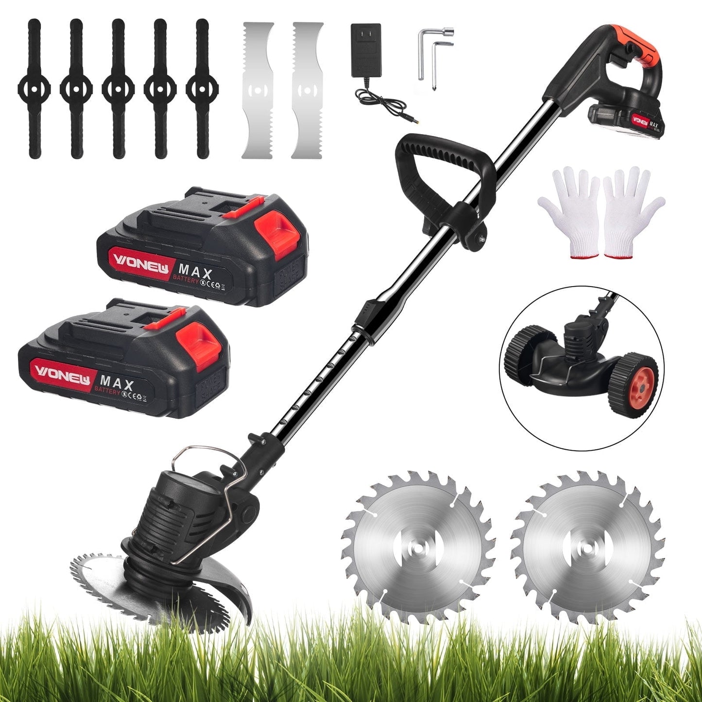 KingFurt Electric weed eaters, Cordless string trimmer,21V Weed Wacker,Lawn Edger with 3 Blades, with Wheels Grass Edger for Lawn Yard Garden